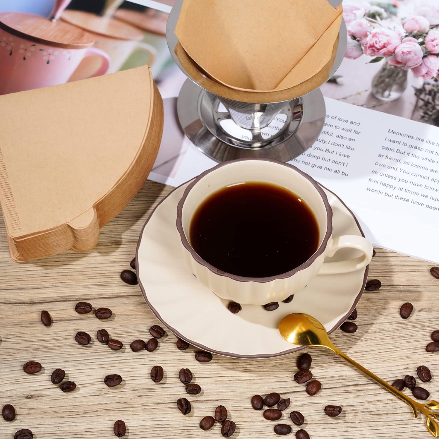 300 Counts Coffee Filters Cone Coffee Filters V60 Coffee Filter No.2 Coffee Filters 2-4 Cups Pour Over Coffee Filter Cone Natural Paper Coffee Filters