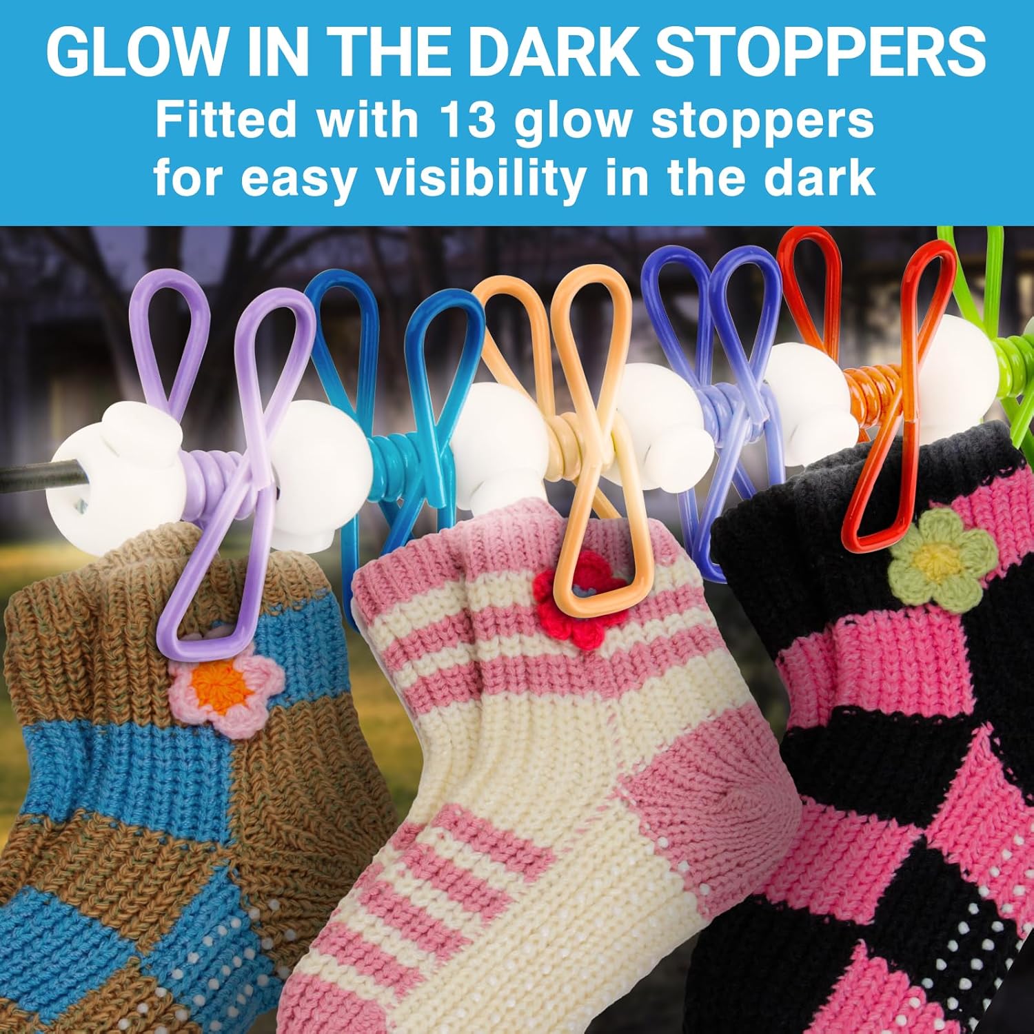 Retractable Travel Clothesline - Glow in The Dark Portable Clothes Line - 7.5ft/2.2m Camping Clotheslines for Outside, Hotel Room or Cruise - Laundry Line, Clothes Drying Line, Clothing Line Outdoor