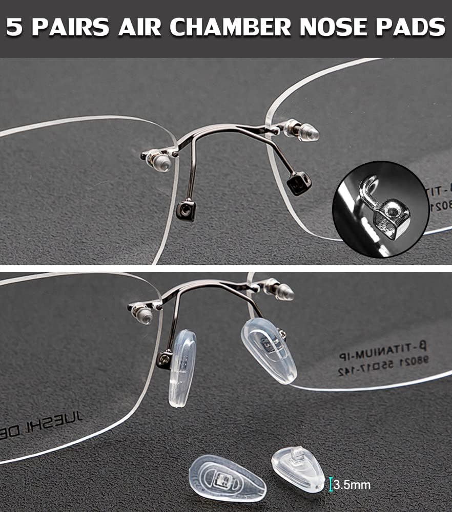 5 Pairs of Eyeglass Nose Pads, Upgraded 15x8mm Soft Silicone Air Chamber Eyeglasses Nose Pads, Screw-in Glasses Nose Pad Replacement Kit.