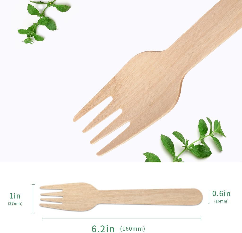 100 PCS Disposable Wooden Forks, 6.7 Inch, Polished Wooden Cutlery, Eco-Friendly, Biodegradable, Perfect for Parties, Weddings, Camping, Dinner Events