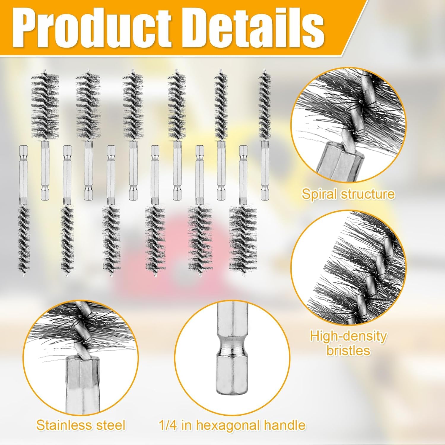 10 Pieces of Wire Brush Drilling Cleaning Brush Set, Stainless Steel Hole Cleaning Brush, 1/4 Inch Hexagonal Handle Tube Cleaning Drill Bit Wire Brush
