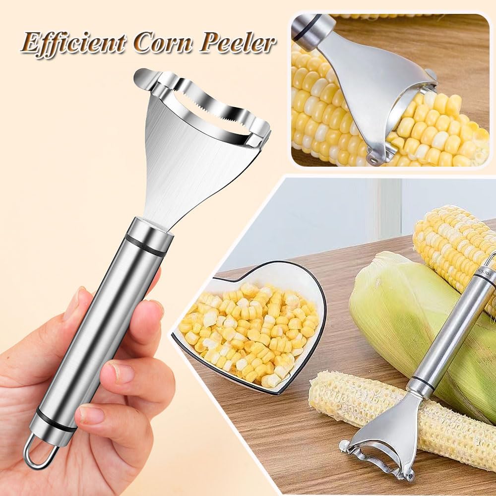 Corn Peeler, 2 Pcs Stainless Steel Corn Peeler for Corn On The Cob Efficient Corn Cob Stripper Corn Kernel Remover Tool with Ergonomic Handle Ideal Corn Planer Thresher for Kitchen (2PCS Silver)