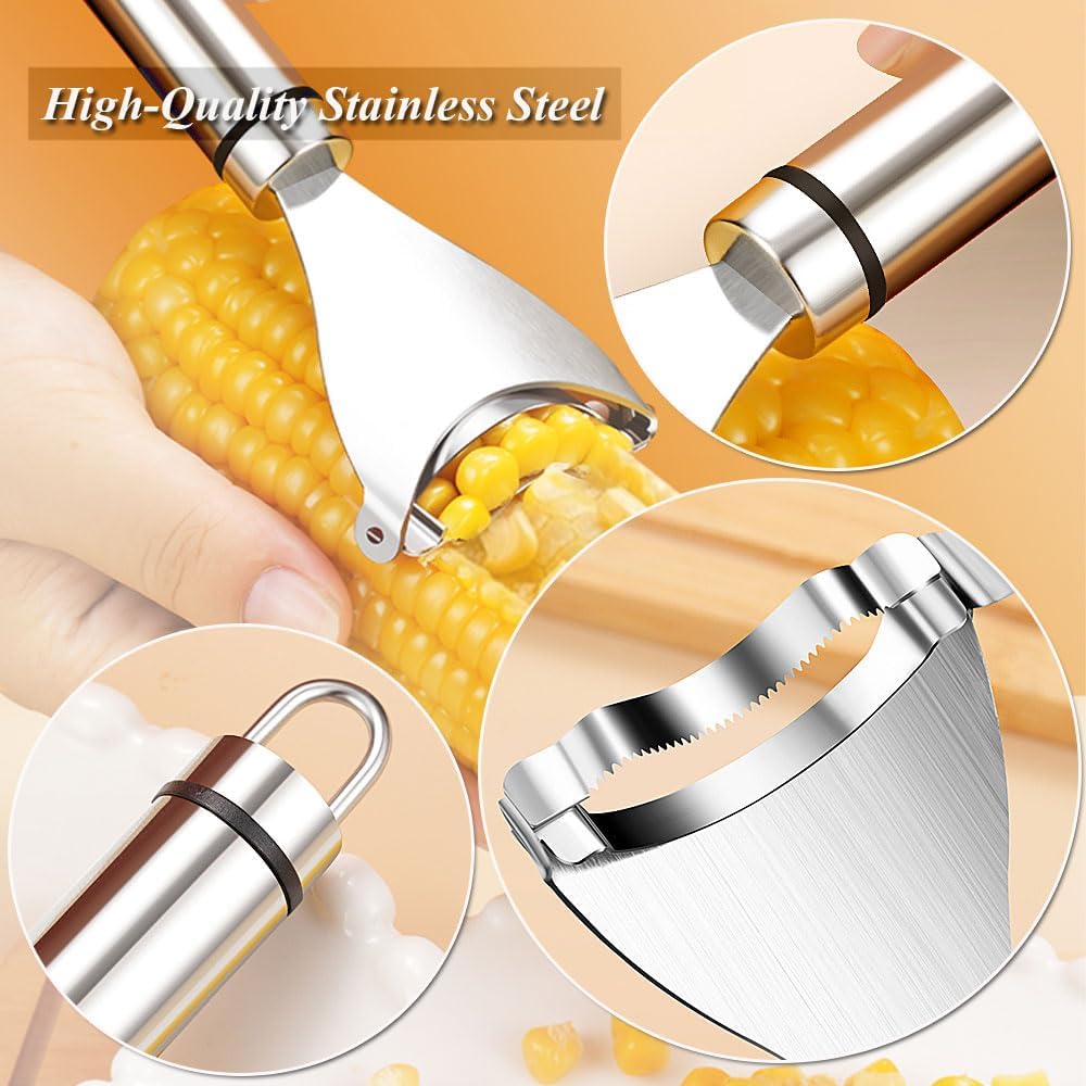 Corn Peeler, 2 Pcs Stainless Steel Corn Peeler for Corn On The Cob Efficient Corn Cob Stripper Corn Kernel Remover Tool with Ergonomic Handle Ideal Corn Planer Thresher for Kitchen (2PCS Silver)