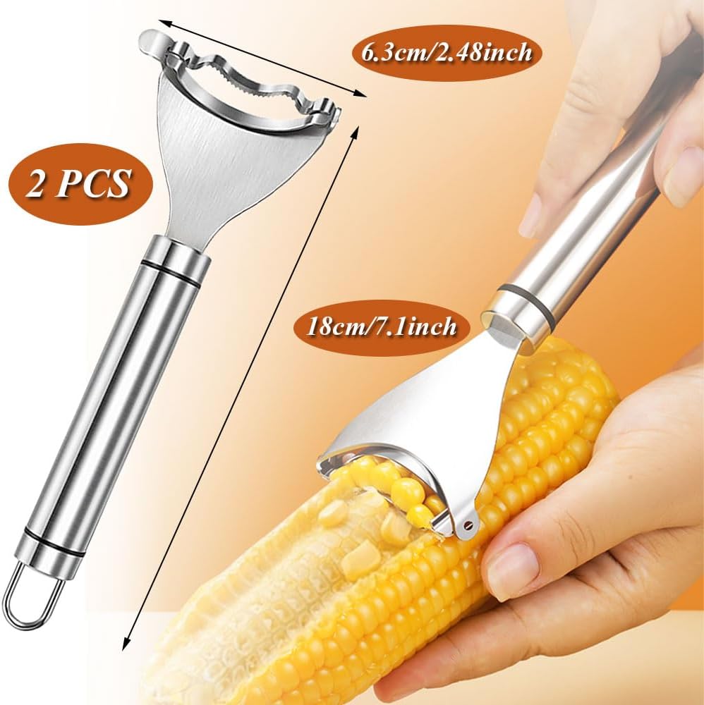 Corn Peeler, 2 Pcs Stainless Steel Corn Peeler for Corn On The Cob Efficient Corn Cob Stripper Corn Kernel Remover Tool with Ergonomic Handle Ideal Corn Planer Thresher for Kitchen (2PCS Silver)