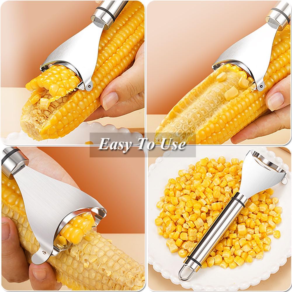 Corn Peeler, 2 Pcs Stainless Steel Corn Peeler for Corn On The Cob Efficient Corn Cob Stripper Corn Kernel Remover Tool with Ergonomic Handle Ideal Corn Planer Thresher for Kitchen (2PCS Silver)