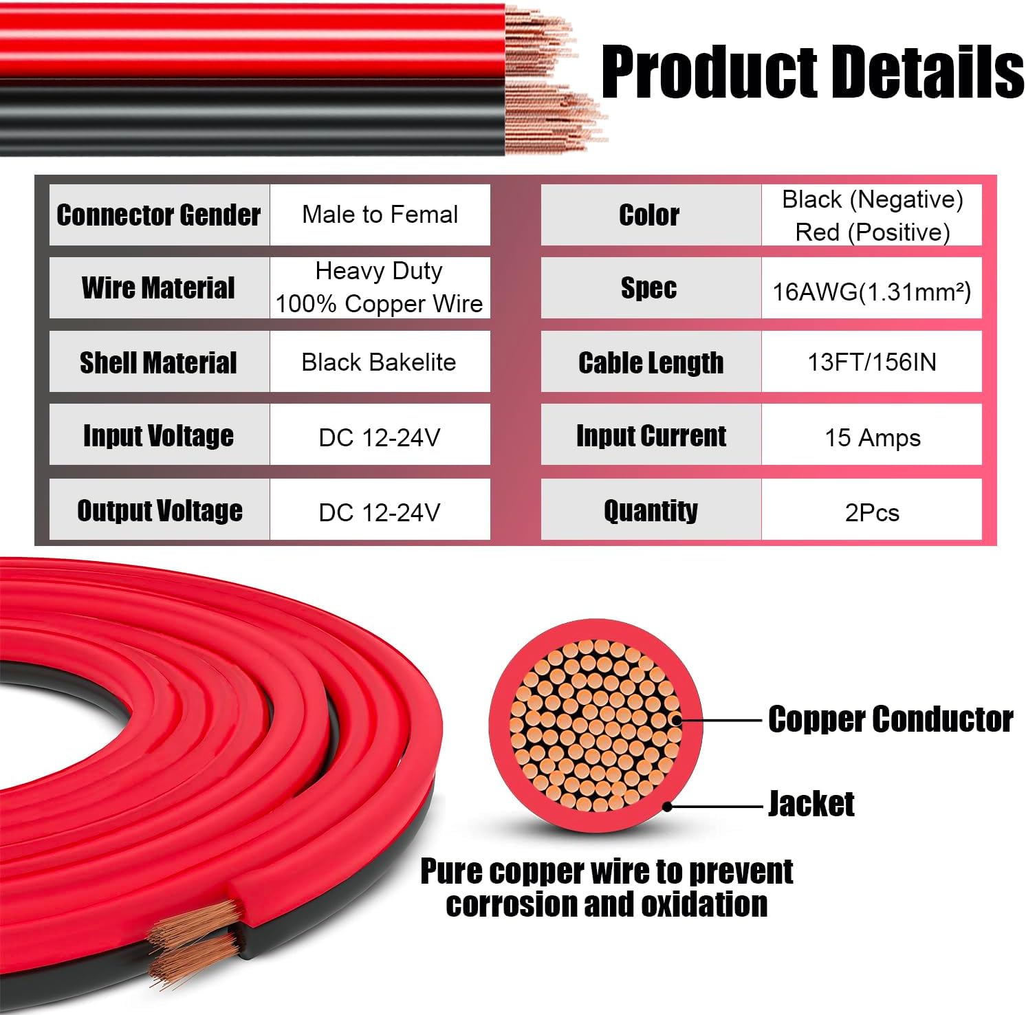 12V/24V 16AWG Heavy Duty Cigarette Lighter Extension Cable 13FT, 156W/15A Male Plug to Female Socket Adapter Extension Cord with LED Lights (Built-in 15A Fuse & 2 * 15A Spare Fuse)
