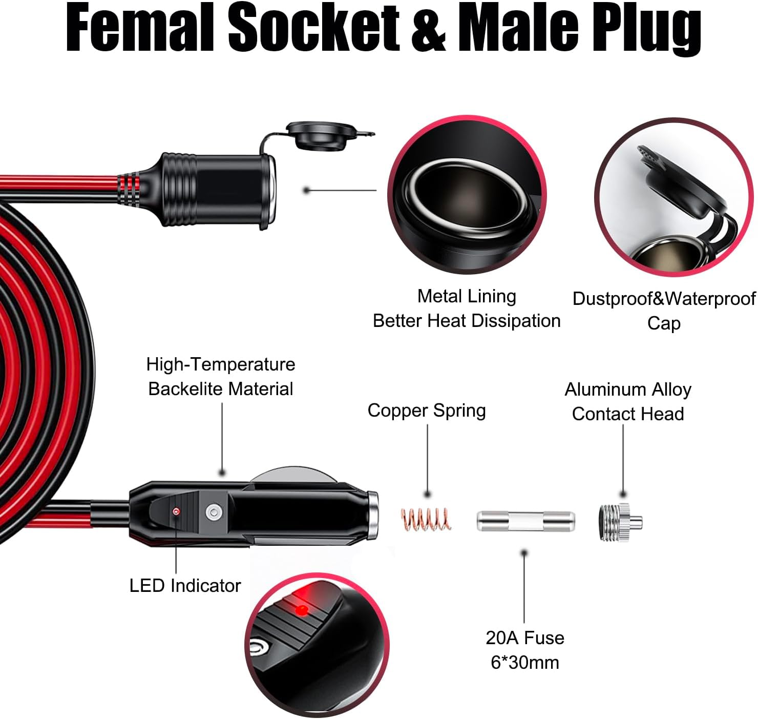 12V/24V 16AWG Heavy Duty Cigarette Lighter Extension Cable 13FT, 156W/15A Male Plug to Female Socket Adapter Extension Cord with LED Lights (Built-in 15A Fuse & 2 * 15A Spare Fuse)