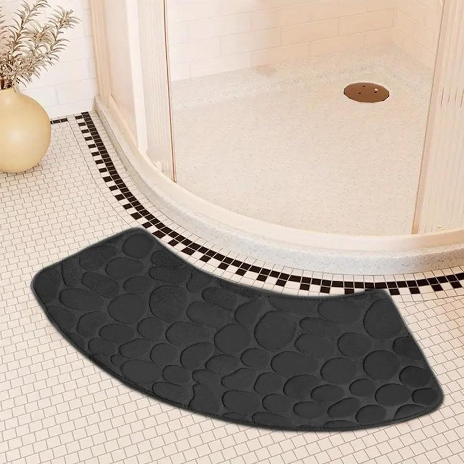 Bath Mat, Curved Shower Mat Non-Slip Quadrant Shower Mat Super Absorbent Corner Shower Mat Machine Washable Fan-Shaped Bathroom Carpet Rugs, Black, 16x39 inches