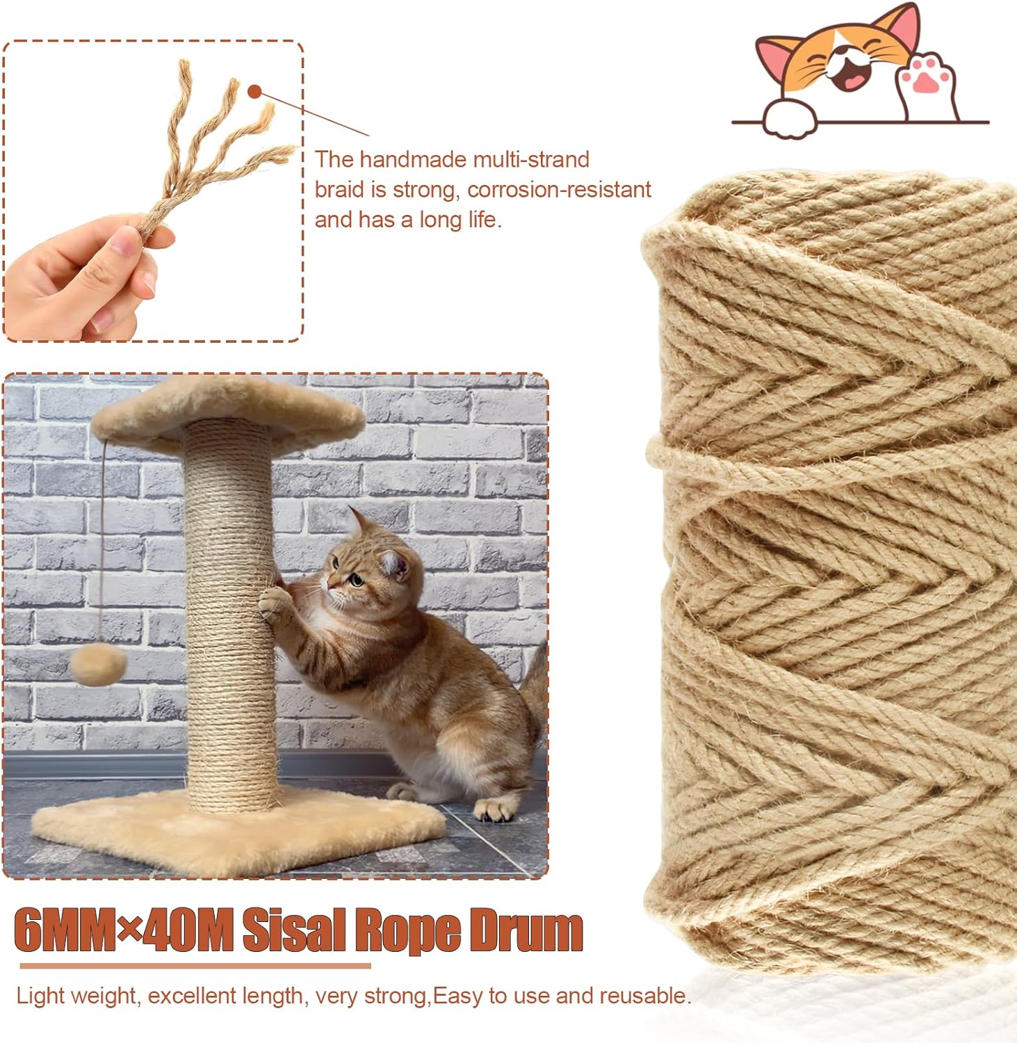 50M Sisal Rope for Cat Scratchers, Cat Scratching Sisal Rope 6mm Natural Jute Hemp Rope, Ideal for Replace Scratching Post, Repair Cat Tree, DIY Projects