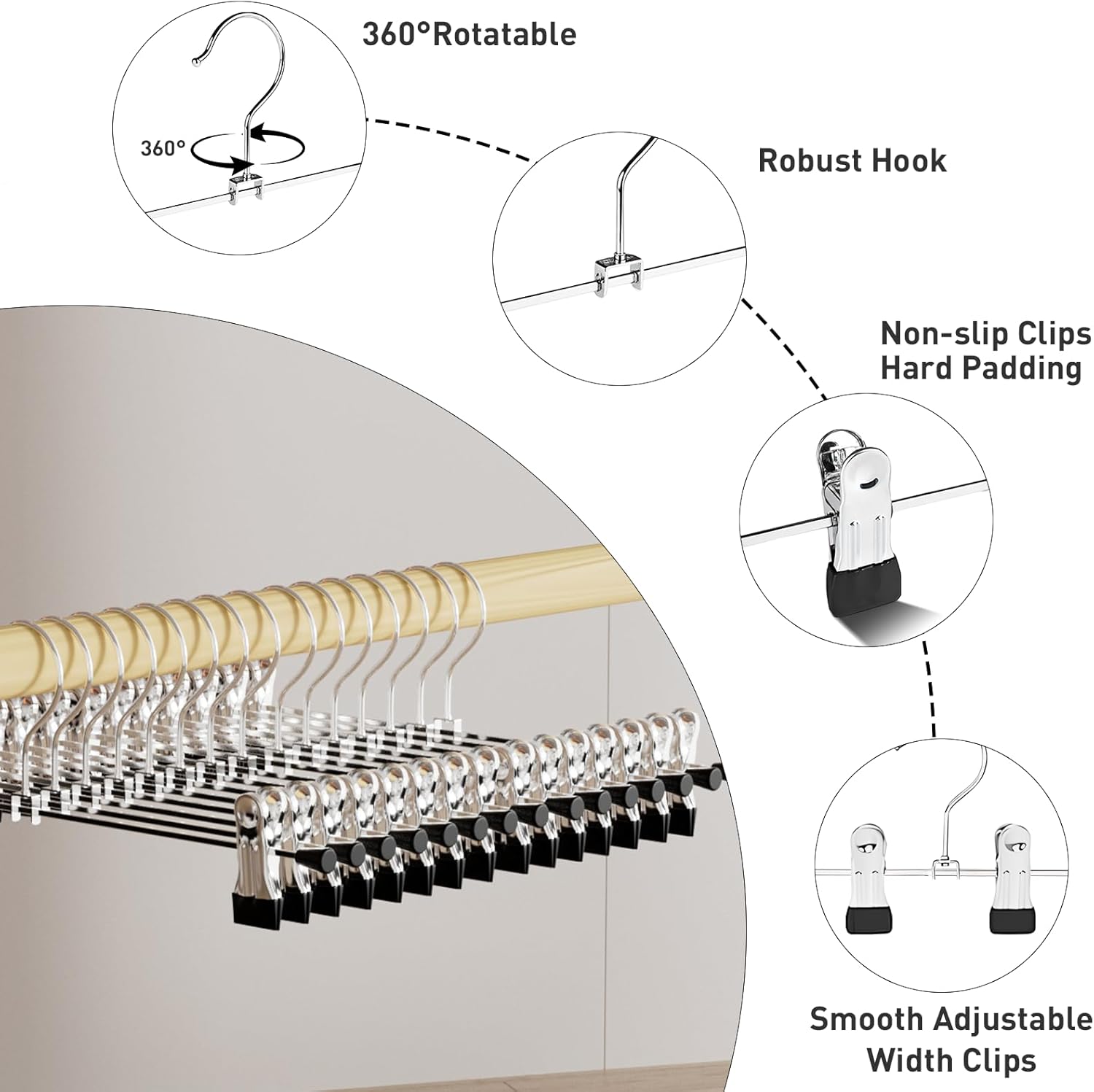 Clothes Hangers, Adjustable Heavy Duty Hangers with Non-Slip Clips Pants Hangers Stainless Steel Skirt Coat Suit Hangers Stackable Coat Hangers Clothes Hook Space Saving (30 Pack)
