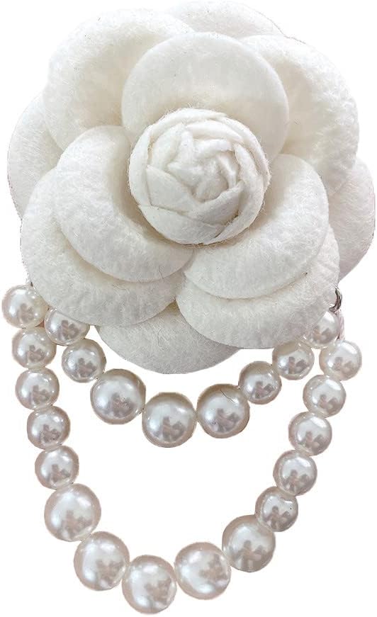 Fabric Camellia Flower Brooch Pins Pearl Tassel Corsage Jewelry Brooches for Women Shirt Collar Clothing Accessories Party Wedding Gifts, Alloy Steel, no gemstone