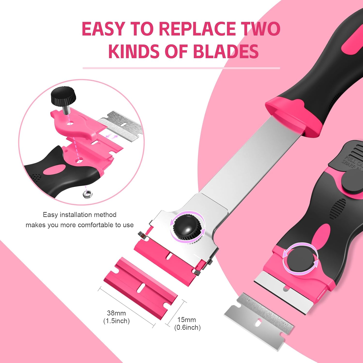 3 Pack Razor Blade Scraper Set, Includes 30 Plastic & 30 Metal Blades, Multi-Purpose Tool for Glass, Cooktop, Sticker Removal, Paint & Gum Cleaning (Pink)