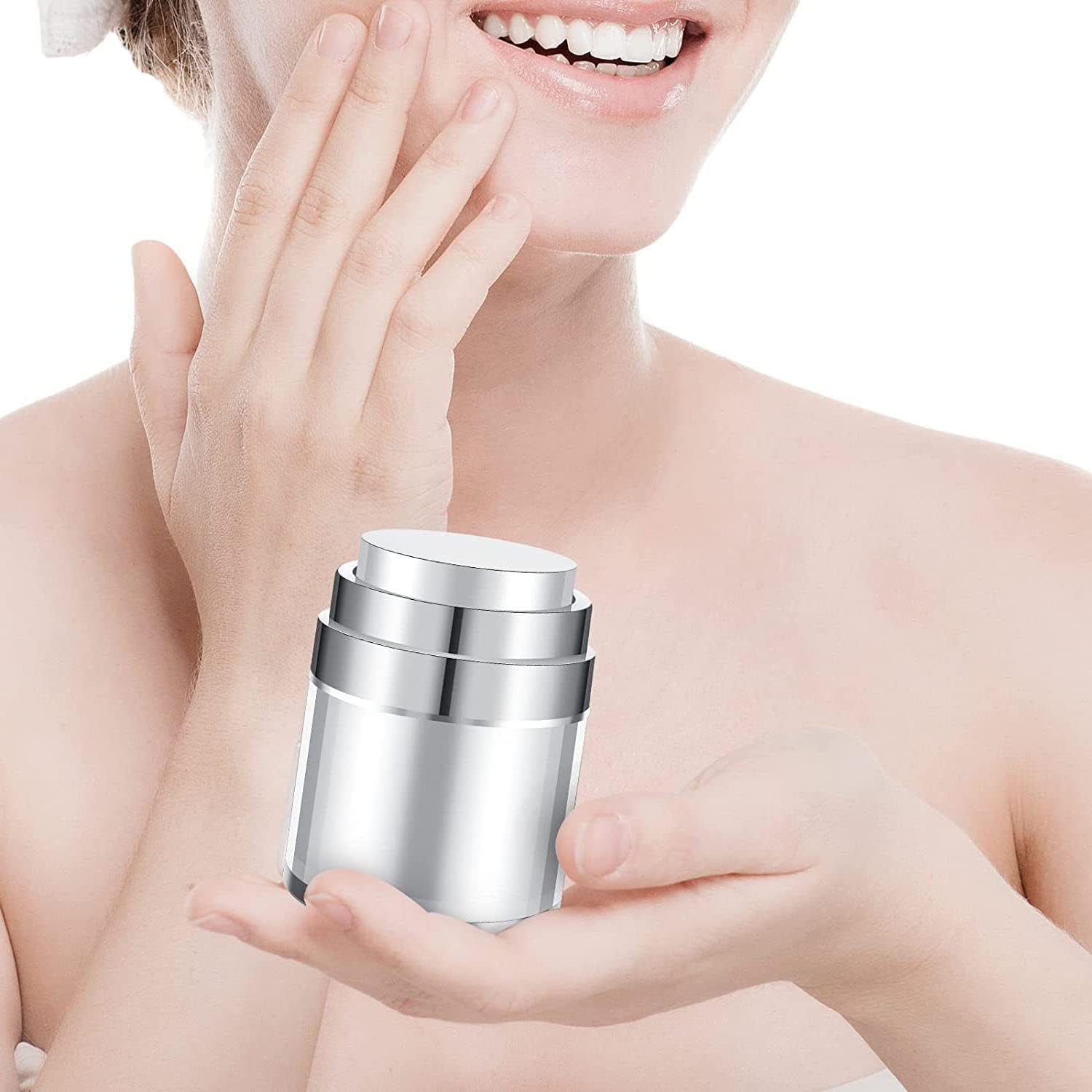 4Pack Empty Airless Pump Jar Portable Refillable Travel Size Cream Jar Vacuum Bottle Lotion Jar with Pump Lid for Skincare Cream, White, Vacuum with Lid Can Refill Cosmetics (100ml)