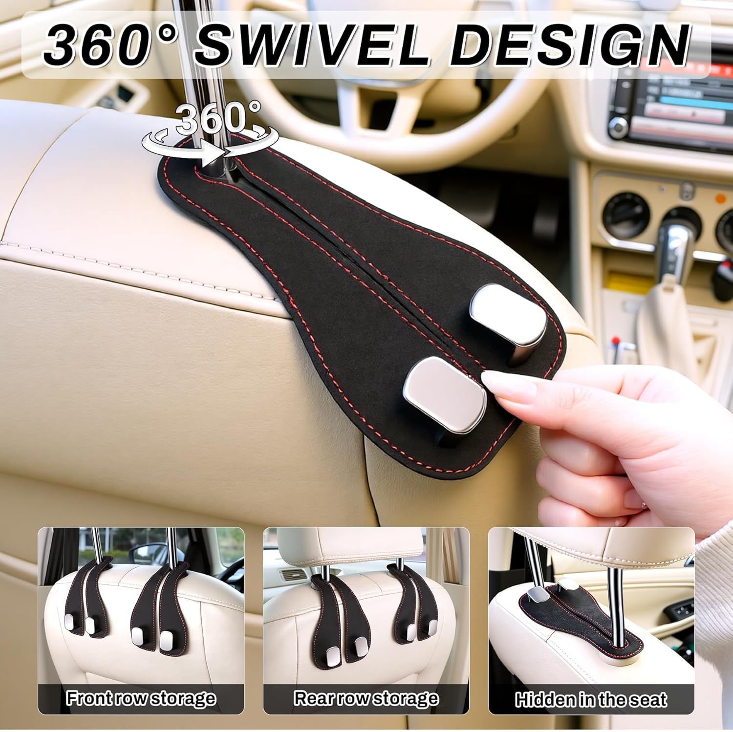2PCS Car Purse Holder Hook, Seat Back Storage Leather-Wrapped Alloy Double Headrest Hook for Purses & Bags, Cute Interior Accessories Women and Men, Black -