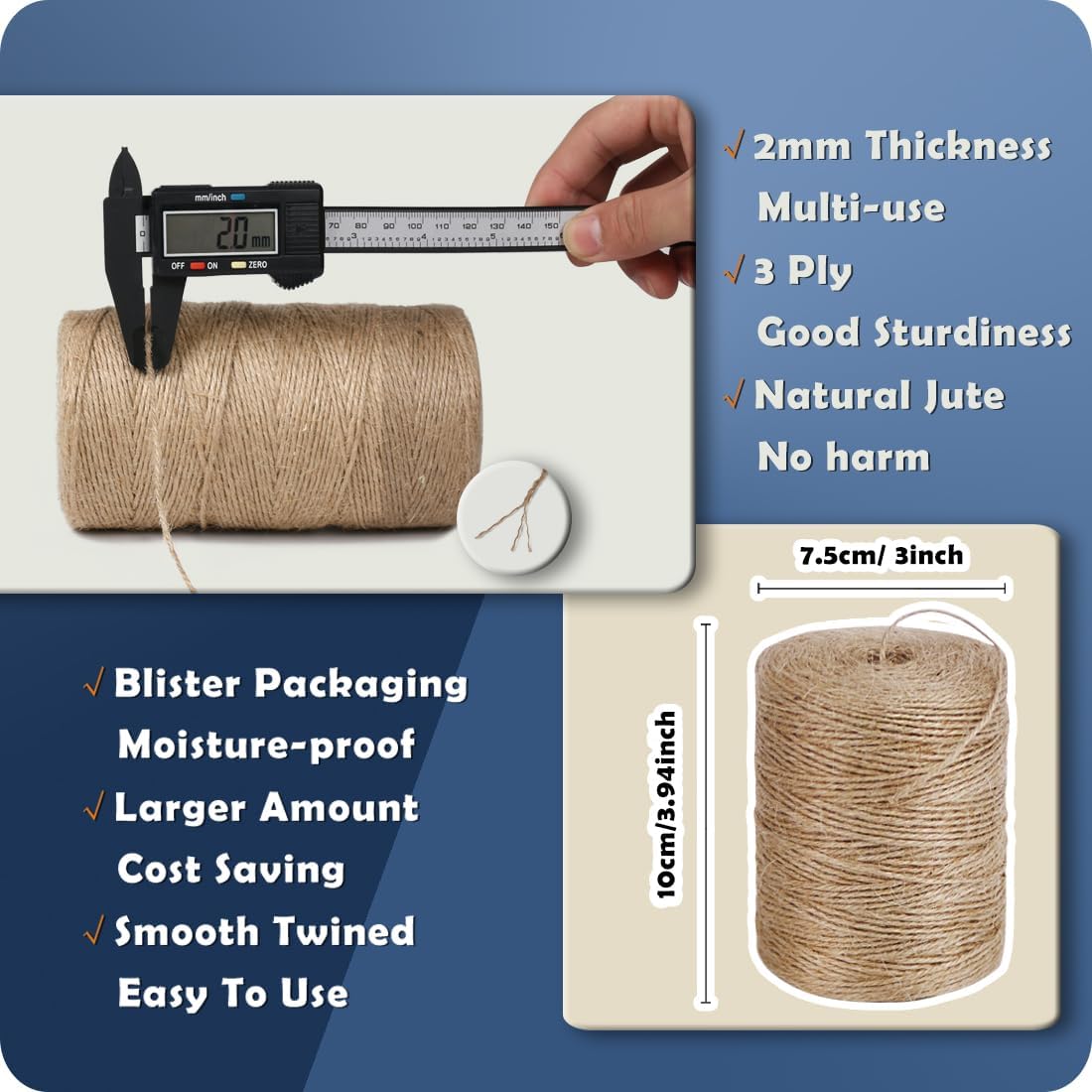 2Pack 2mm Natural Jute Twine String 1600 Feet Long for Crafting Gardening Gift Wrapping Macrame DIY Home Decor (Brown-800Feet/Roll) ( * 800 ) / Pc 2 Pcs