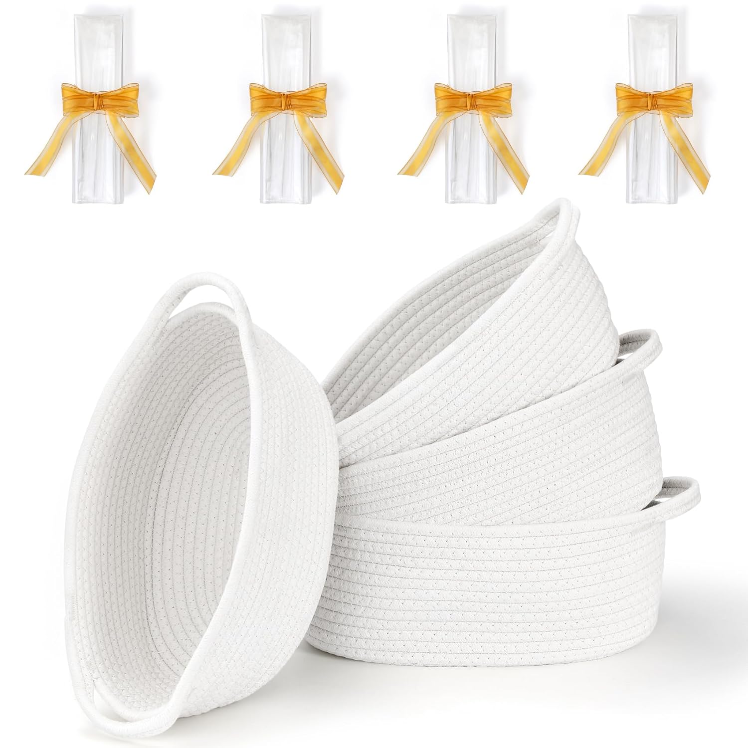 4 Pack Small Woven Basket with Handles, All 12"x 8"x 5", Cotton Rope Room Shelf Storage Basket, Cat Toys, Cute Baby Gift Bags and Ribbons for Nursery, Empty Decorative Chest Box White -
