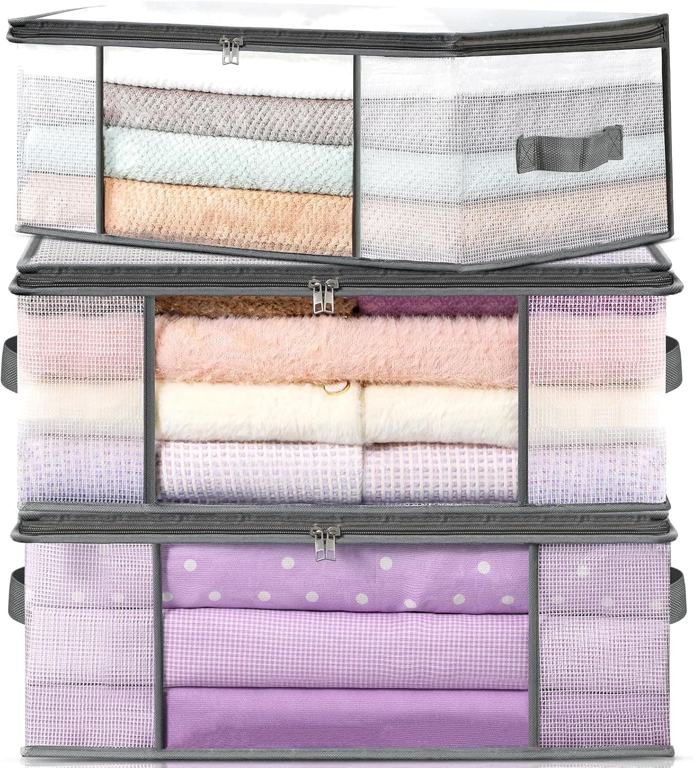 3-Pack Clothes Storage Bags, Plastic Foldable Blanket bins, Closet Organizer Container for Bedroom, Bedding, Comforters, Pillows, and Clothing - 35L with Handles