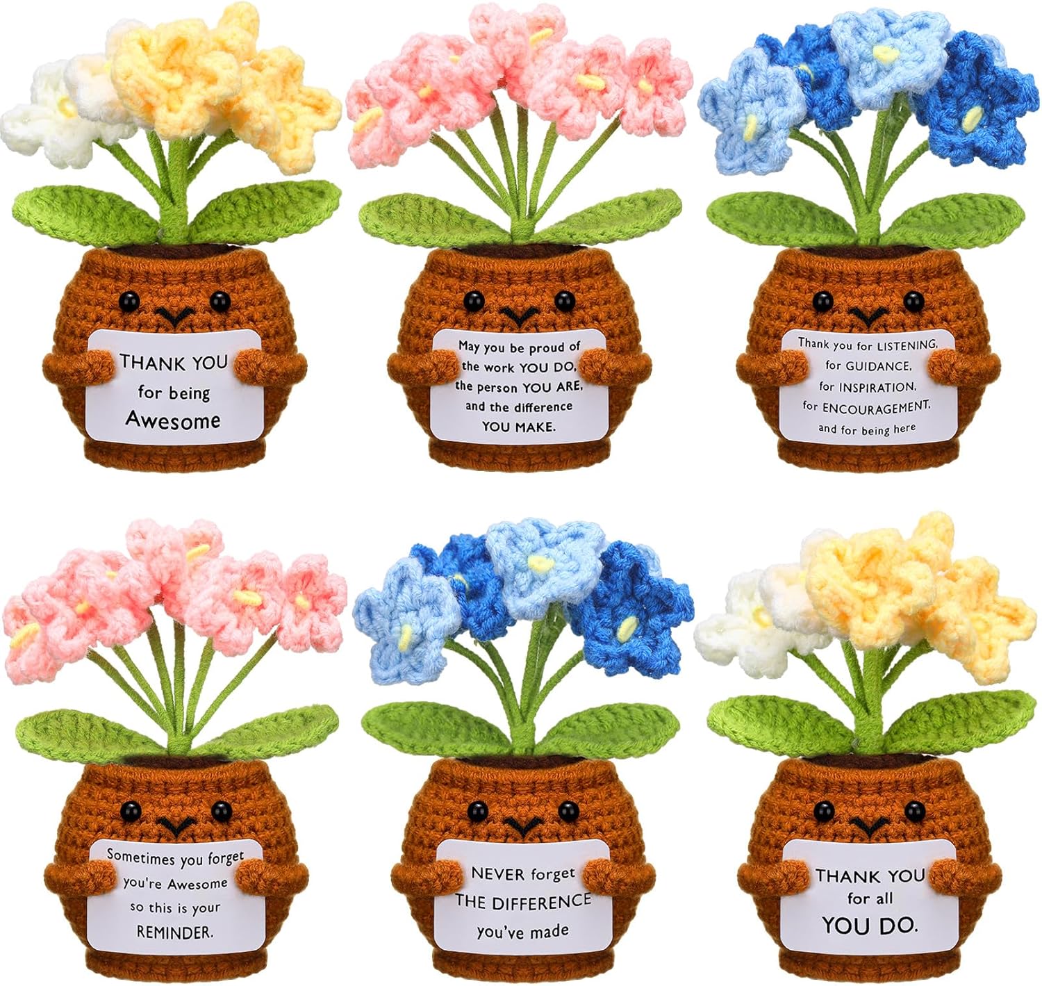 6 Pcs Employee Appreciation Gifts Bulk for Team Coworkers Thank You Positive Handmade Crochet Doll with Inspirational Card Staff Women Men Office(Forget Me Not) -