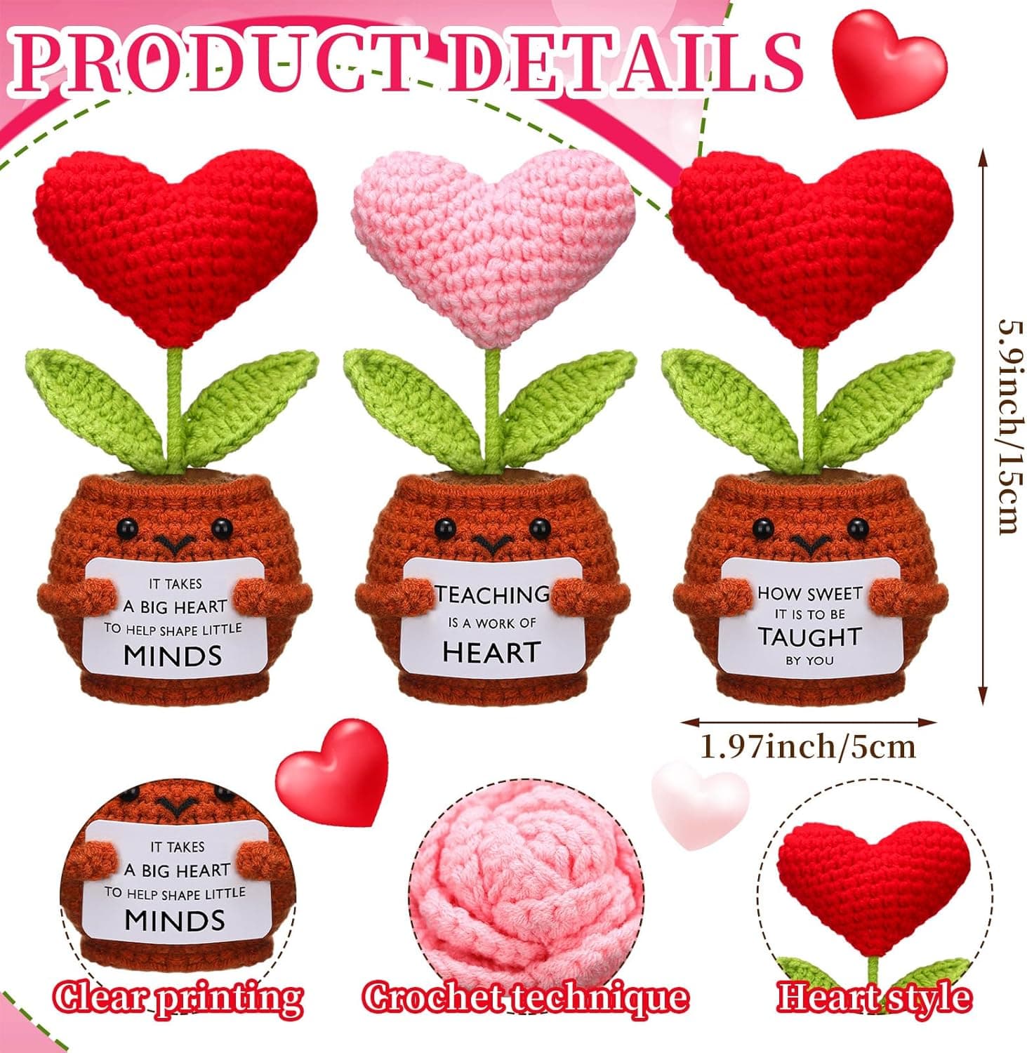 Plush Keyrings & Bag Charms Handmade Crochet Heart Doll 3 Piece Teacher Appreciation Gift Multicolor