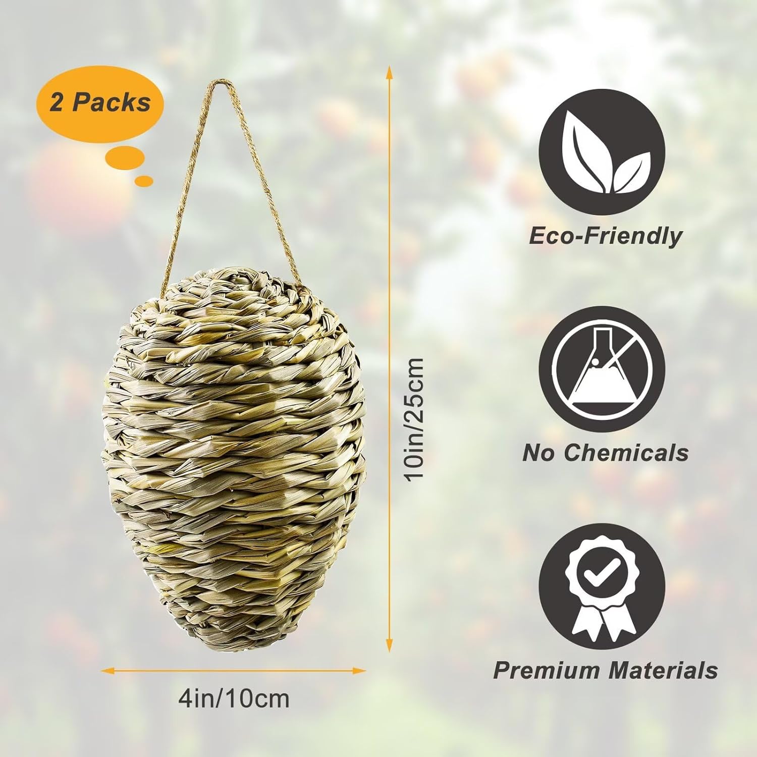 Woven Crochet Wasp Nest Decoy, Waterproof Faux Hanging Hornets Hive Nests Artificial Fake Decoy Decoration for Patio Eaves Yard Home Yellow-weed-2pcs-10×4In -