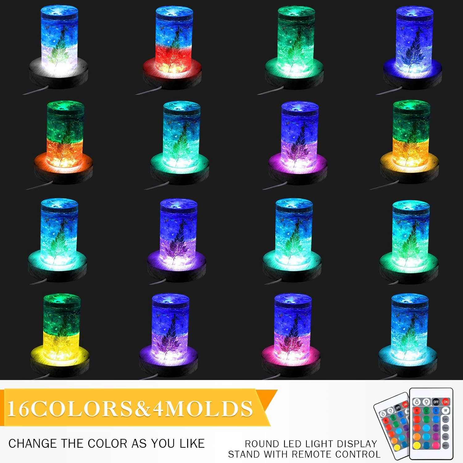 4 Pieces Wood LED Display Light Base Crystal Stand Remote Control Round 16 Lighting Modes Wooden Lighted Holder Colorful Pedestal for Glass Resin Ball(Black) black -