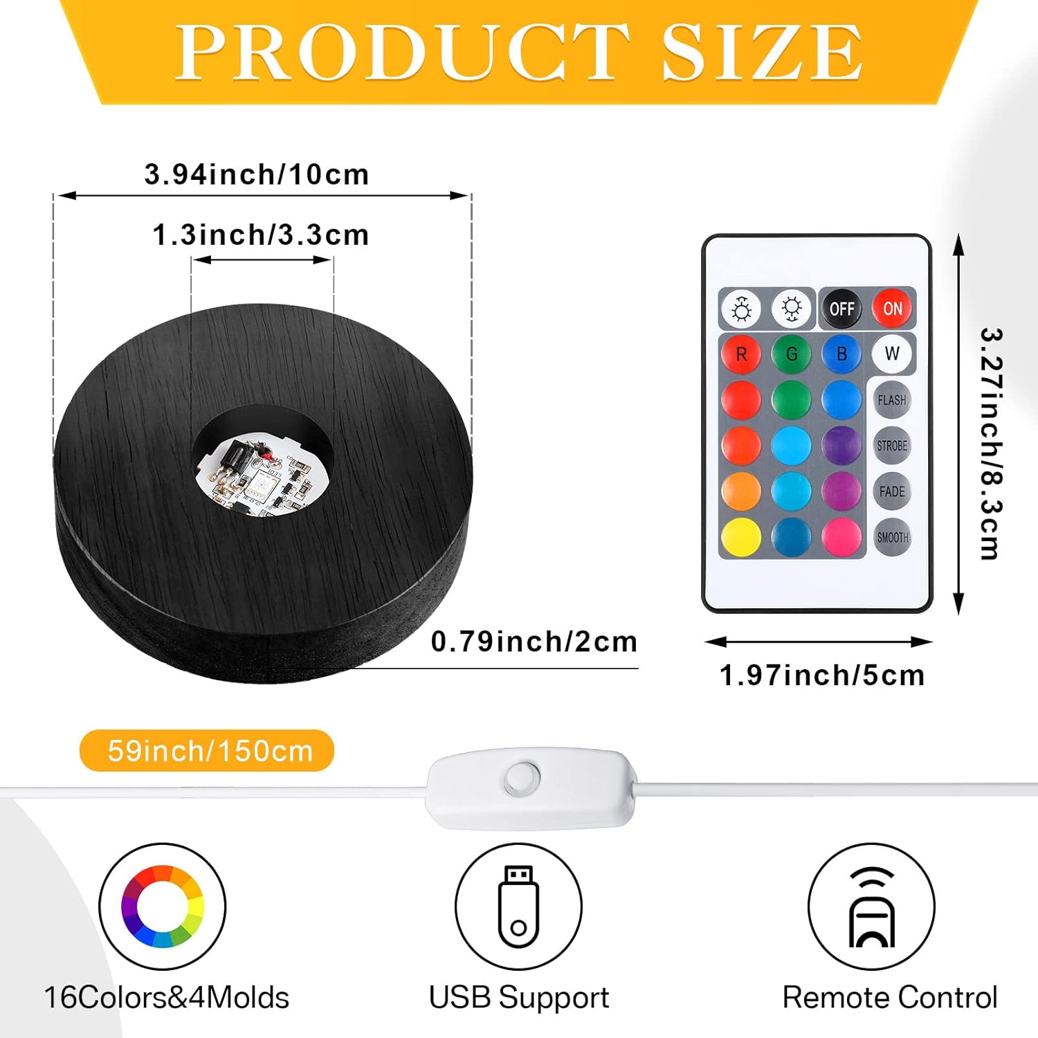 4 Pieces Wood LED Display Light Base Crystal Stand Remote Control Round 16 Lighting Modes Wooden Lighted Holder Colorful Pedestal for Glass Resin Ball(Black) black -