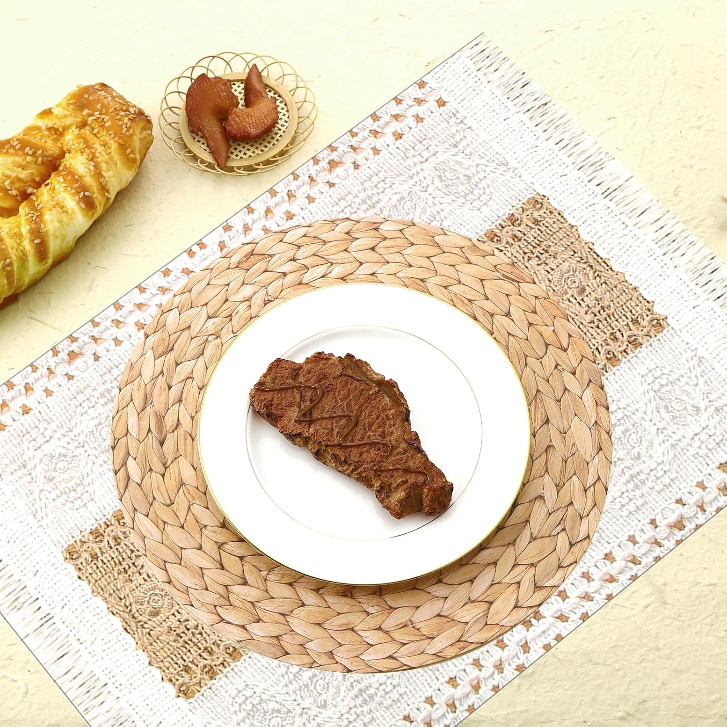 100 Pcs Boho Disposable Paper Placemats Set Round Braided Rattan Woven Place and Rectangle Burlap Printed Farmhouse Table Mats for Kitchen -