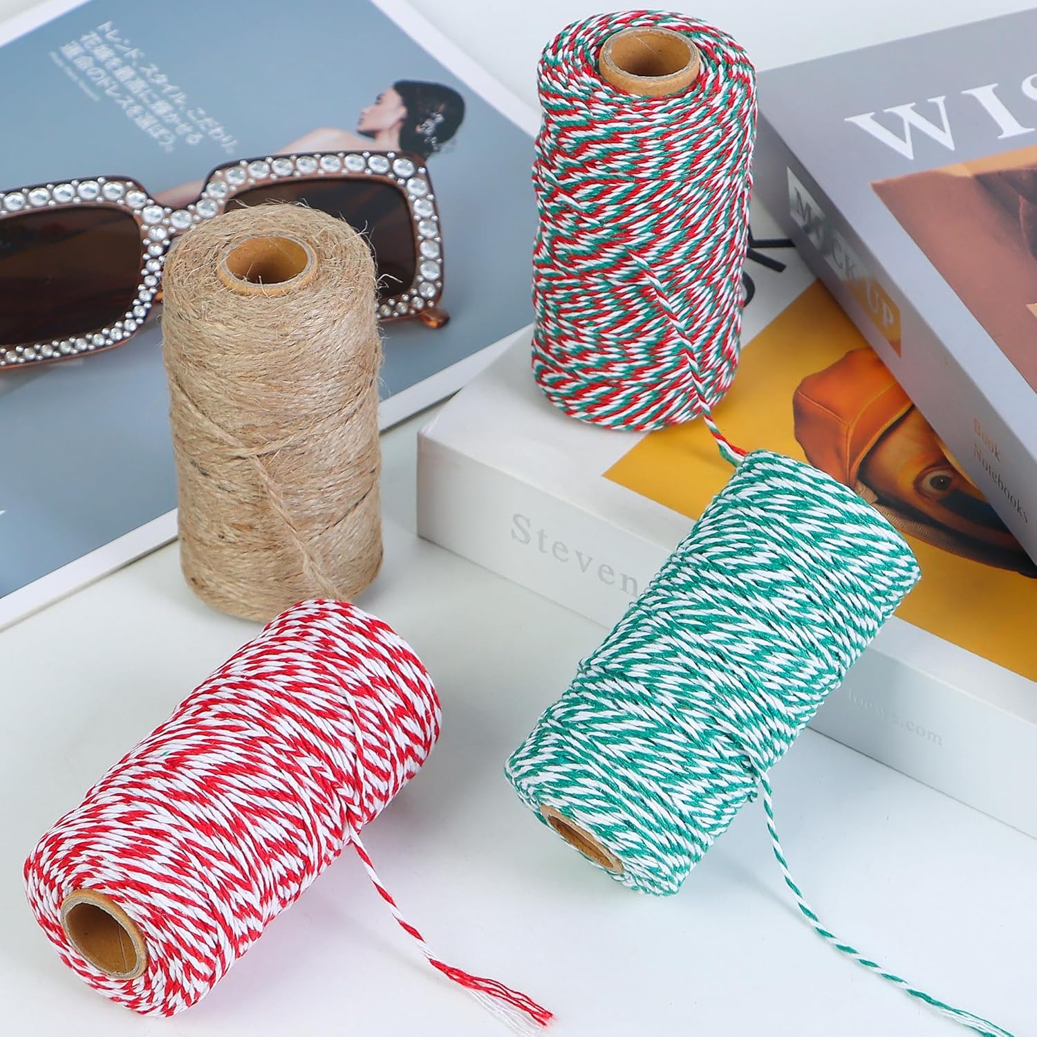 Twine String 4 Rolls Christmas Wrapping Cotton 1312 Feet Colored Rope for Bakers Creative Projects Crafts Gardening Gift DIY Packing Decoration Red,green,white,yellow