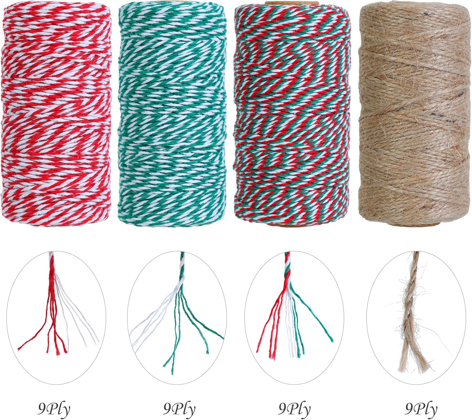 Twine String 4 Rolls Christmas Wrapping Cotton 1312 Feet Colored Rope for Bakers Creative Projects Crafts Gardening Gift DIY Packing Decoration Red,green,white,yellow