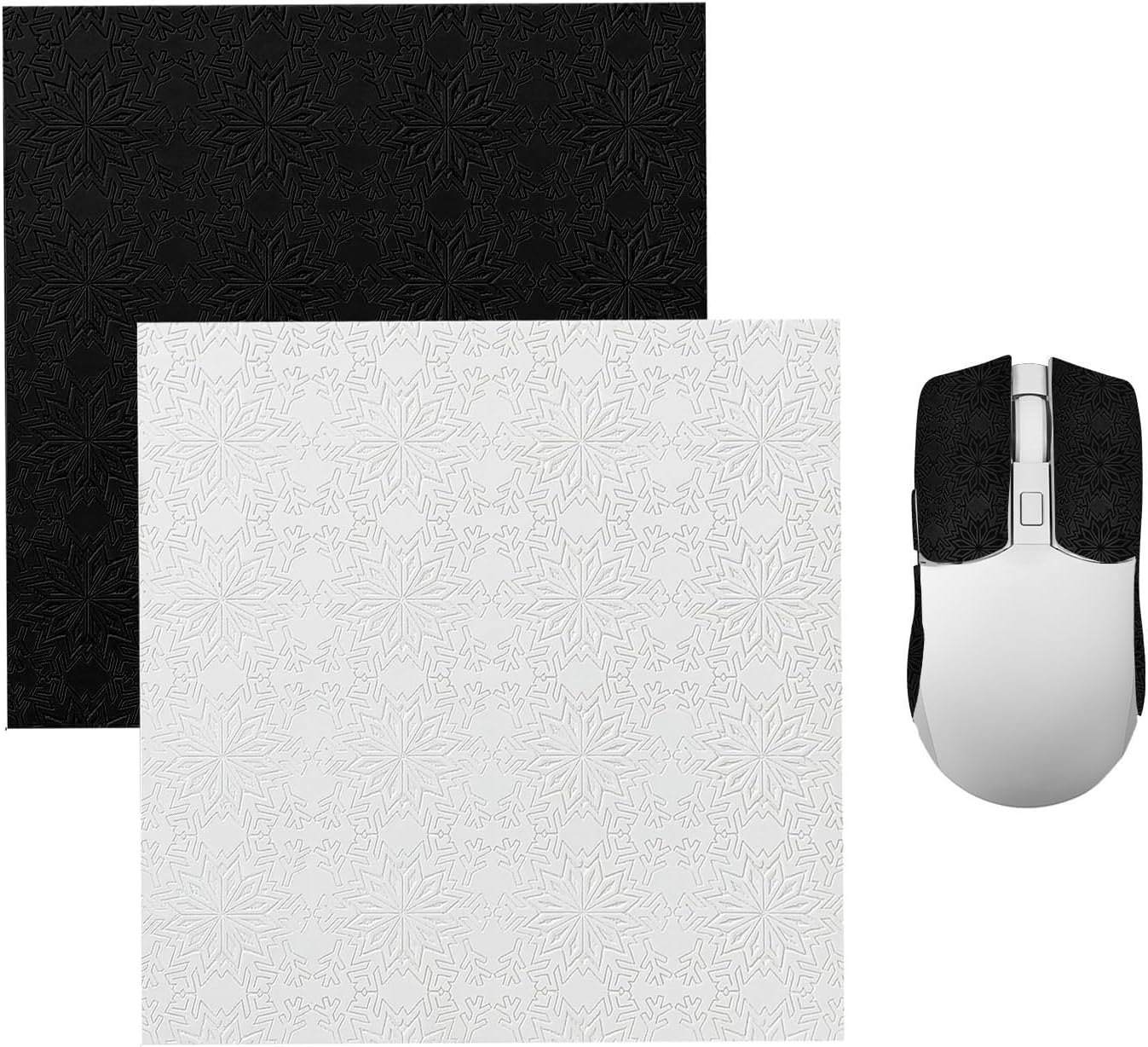 DIY Adhesive Universal Mouse Anti-Slip Snowflake Grip Tape, Cut Sweat-Absorbing Ultra-Thin 0.3mm Non-Slip Gaming Mice Skins Stickers for Any Brand(2PCS Black+White, 12x11.5cm/4.7x4.5in) Black+White
