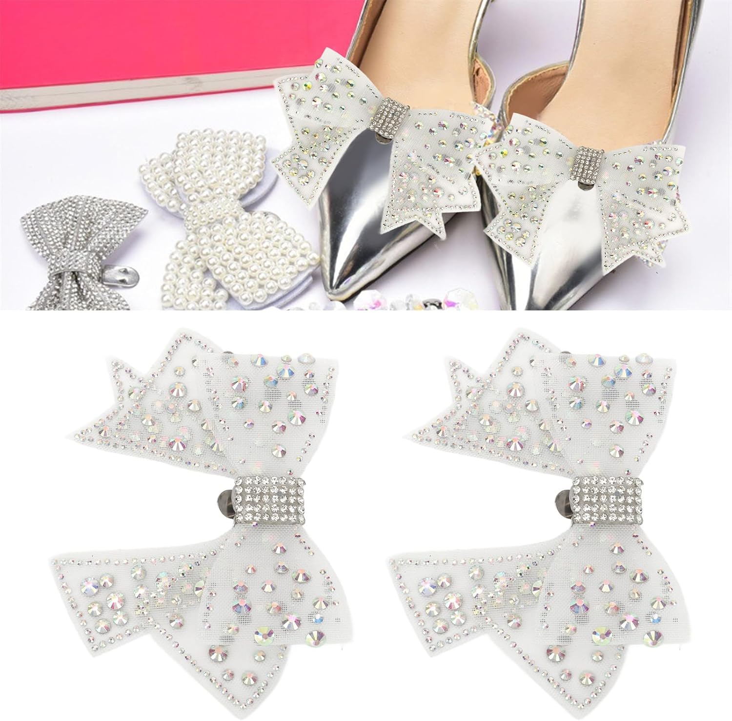 2 Pieces Bow Shoe Clips, Decorative Clips Rhinestone Buckle Shoes Decorations for Woman and Girl