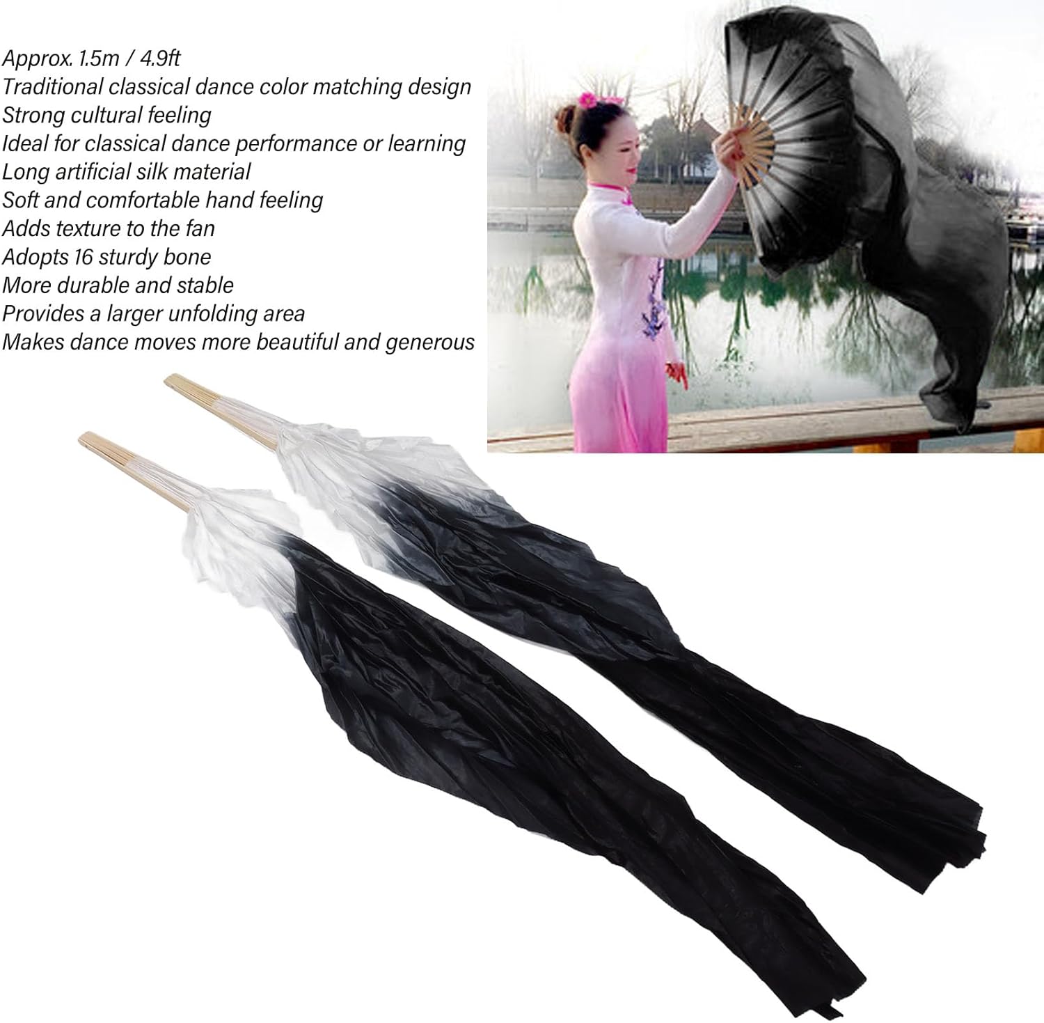 Dance Fan, 1 Pair Long Fan Belly Fans Folding Performance Classical (Black)