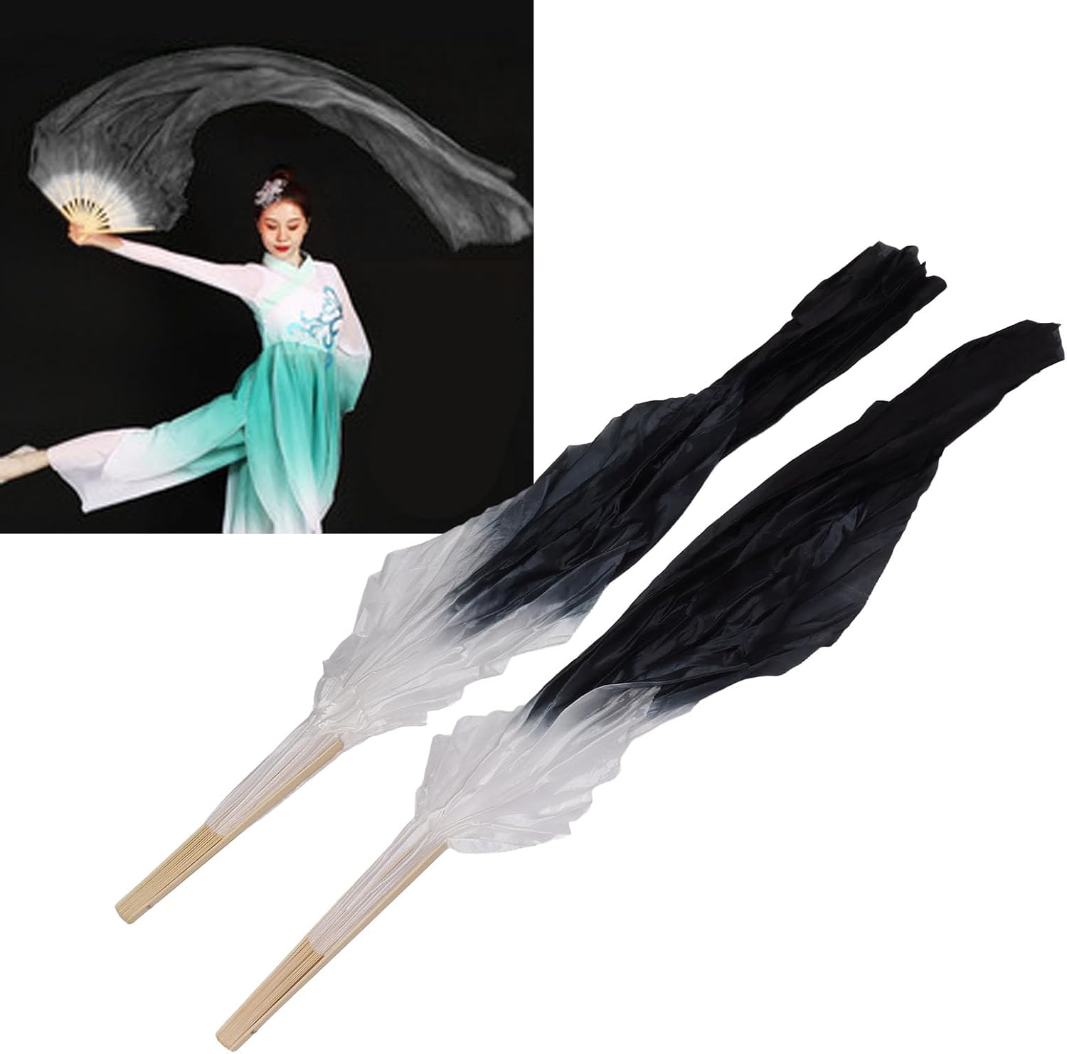 Dance Fan, 1 Pair Long Fan Belly Fans Folding Performance Classical (Black)