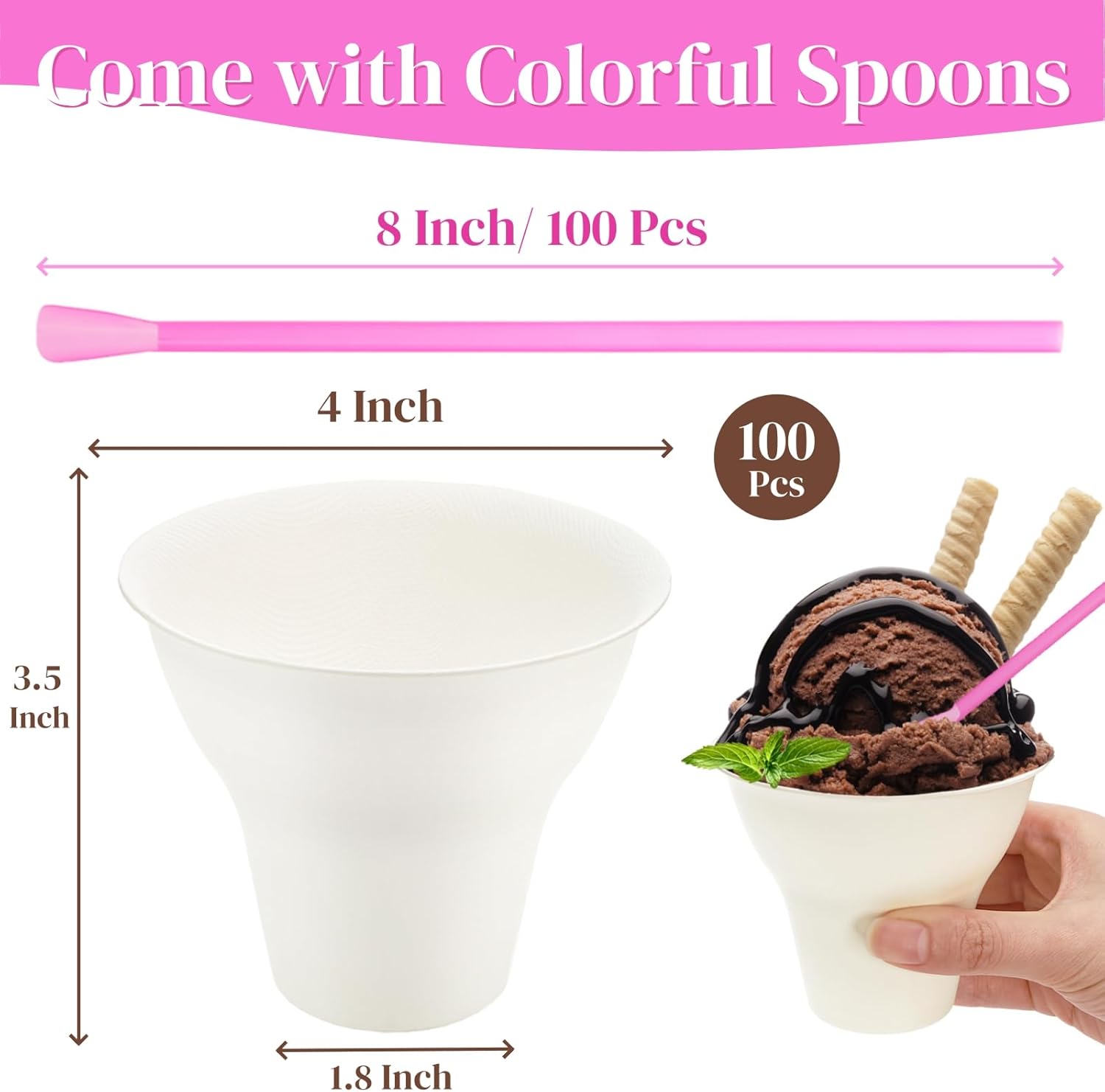 100 Pack Snow Cone Cups and Straws, 12 OZ Paper Cup with Colorful Spoon Straw, Leak-proof Shaved Ice Holder, Disposable Cream Bowls for Party Event Water Cooler