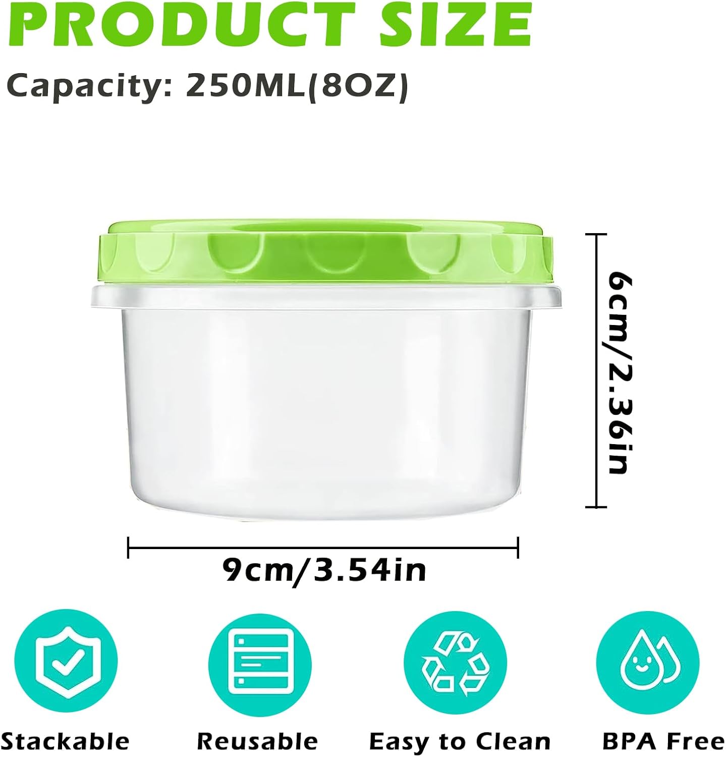 12 reusable 8-ounce plastic food containers with lids - deli containers - stackable food storage pots - dishwasher safe - microwave safe and freezer safe (red/green/yellow)
