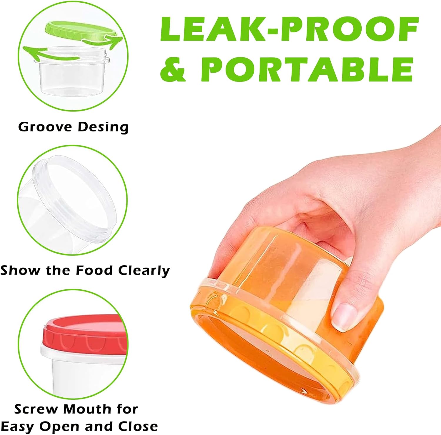 12 reusable 8-ounce plastic food containers with lids - deli containers - stackable food storage pots - dishwasher safe - microwave safe and freezer safe (red/green/yellow)