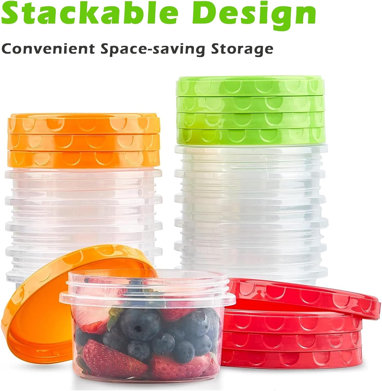 12 reusable 8-ounce plastic food containers with lids - deli containers - stackable food storage pots - dishwasher safe - microwave safe and freezer safe (red/green/yellow)