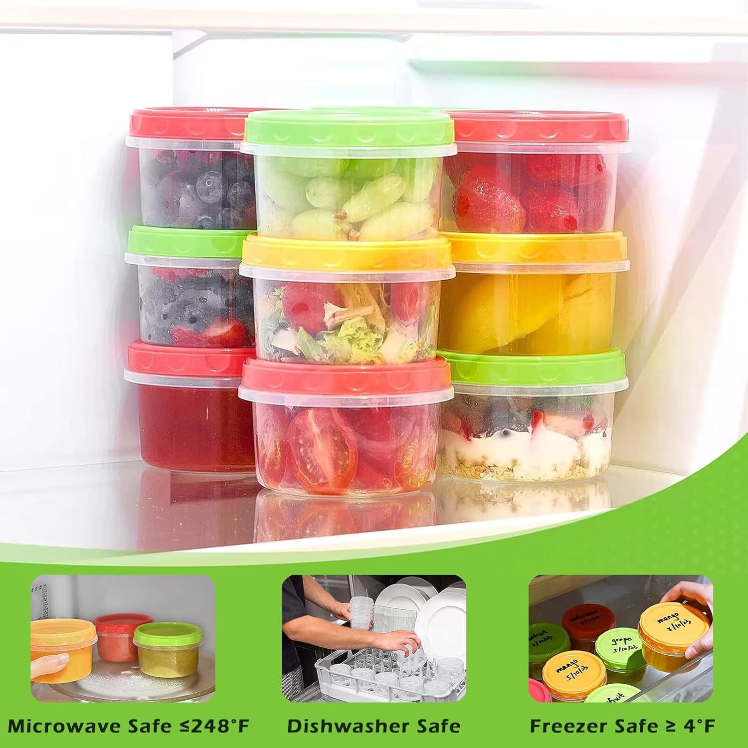 12 reusable 8-ounce plastic food containers with lids - deli containers - stackable food storage pots - dishwasher safe - microwave safe and freezer safe (red/green/yellow)