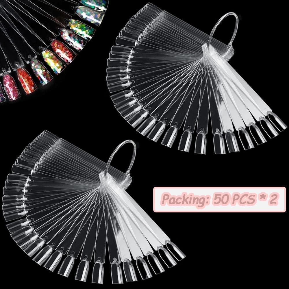 100 transparent nail sticks in fan shape, nail polish sticks, nail display sticks, transparent plastic pointed color sticks with metal ring for salons and beginners