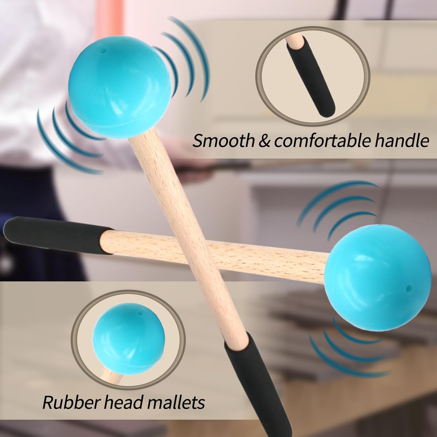 Biaungdo 2 Pack 8.7 Inch Glockenspiel Mallets, Rubber Xylophone Mallets Bell Stick Percussion with Wood Handle Drumstick Percussion Instrument Parts for Bell, Tongue Drum Mallet(Blue)