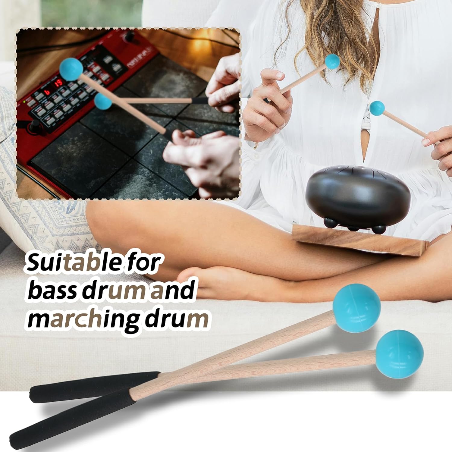Biaungdo 2 Pack 8.7 Inch Glockenspiel Mallets, Rubber Xylophone Mallets Bell Stick Percussion with Wood Handle Drumstick Percussion Instrument Parts for Bell, Tongue Drum Mallet(Blue)