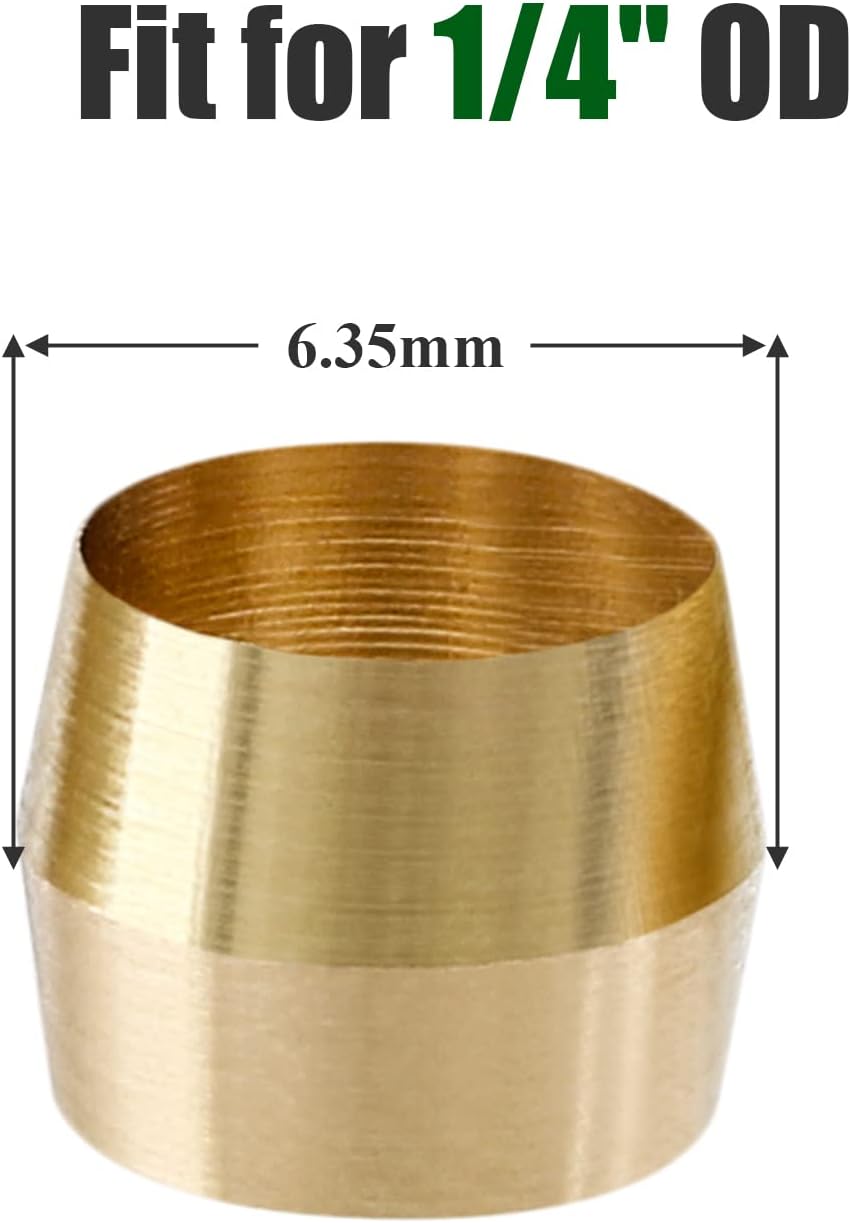 Biaungdo 50 Pcs Brass Compression Fitting, 1/4" Tube OD Compression Sleeves Ferrules Brass Compression Tube Fitting Assortment