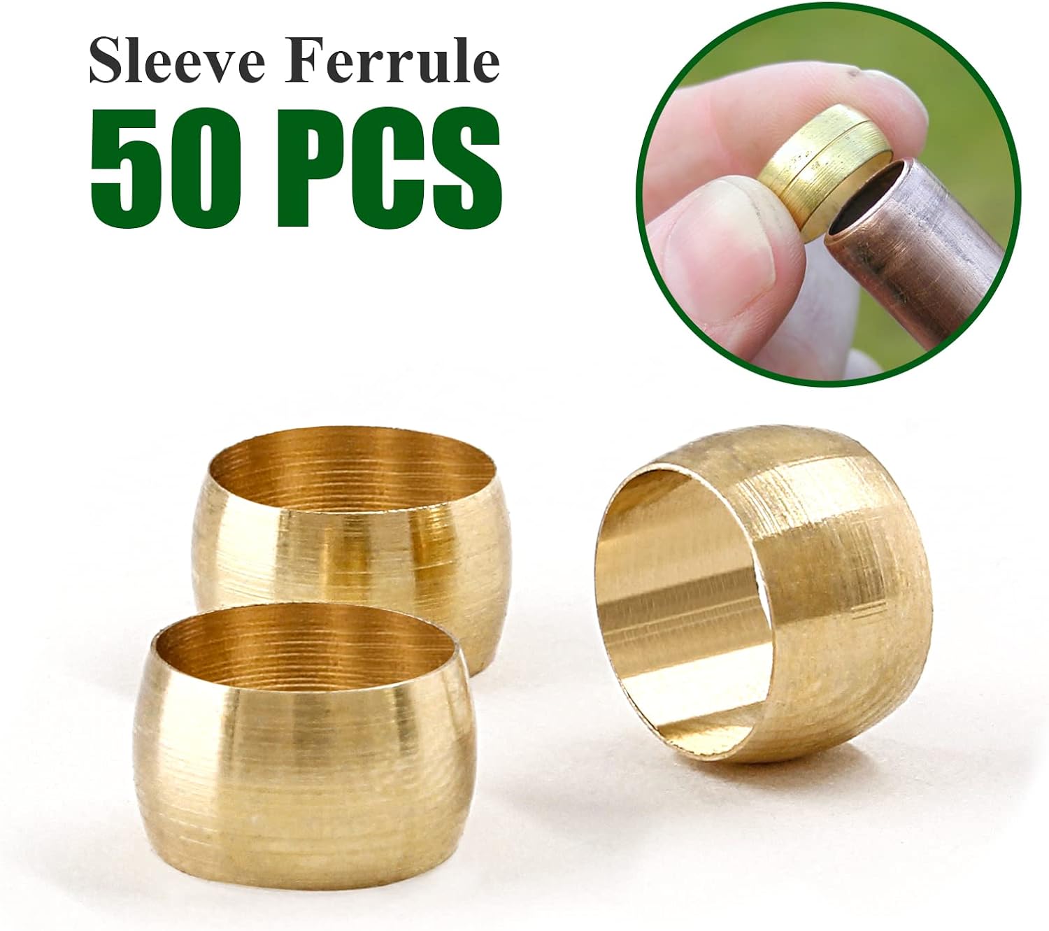 Biaungdo 50 Pcs Brass Compression Fitting, 1/4" Tube OD Compression Sleeves Ferrules Brass Compression Tube Fitting Assortment