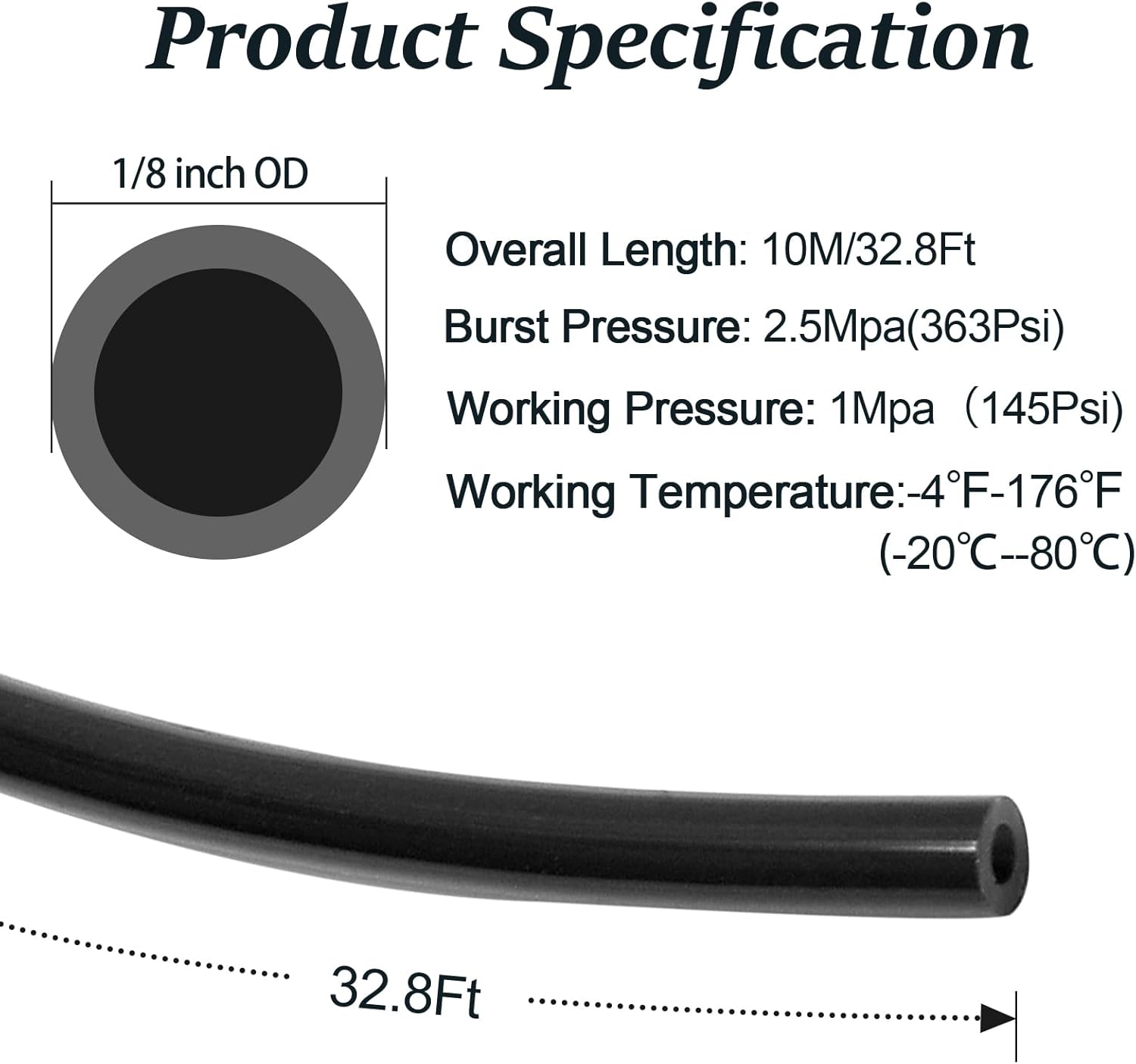 Biaungdo 1/8" OD Pneumatic Tubing Pipe, Black PU Air Brake Hose Line for Air Compressor Fitting, Water Fluid Transfer (10 Meter/32.8ft)