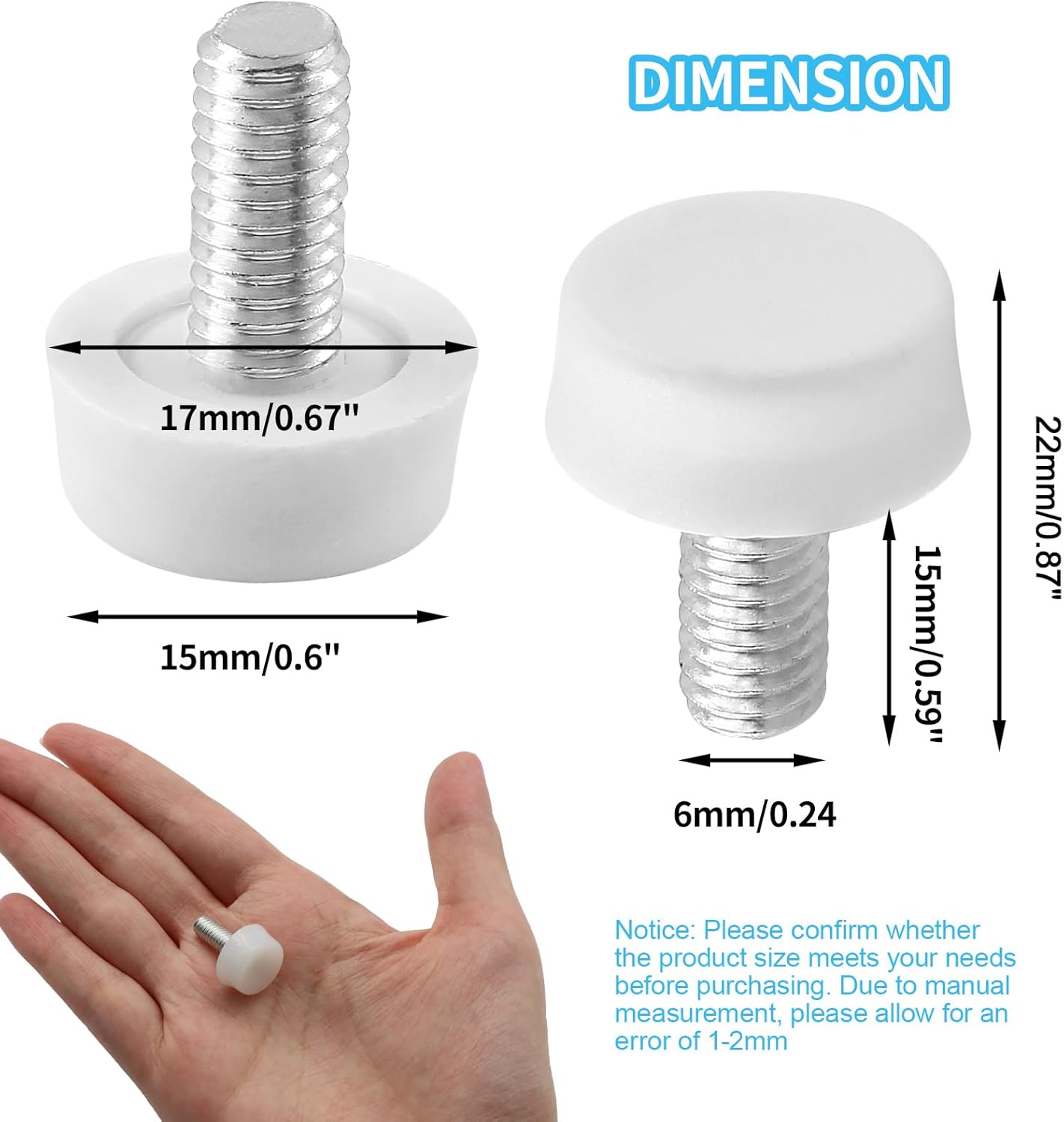 Biaungdo 24 Pcs Adjustable Furniture Levelers, M6x15 mm Ajustable Leveling Feet Screw On Furniture Glide Foot Levelers for Table, Chair, Cabinet, Furniture Legs, White