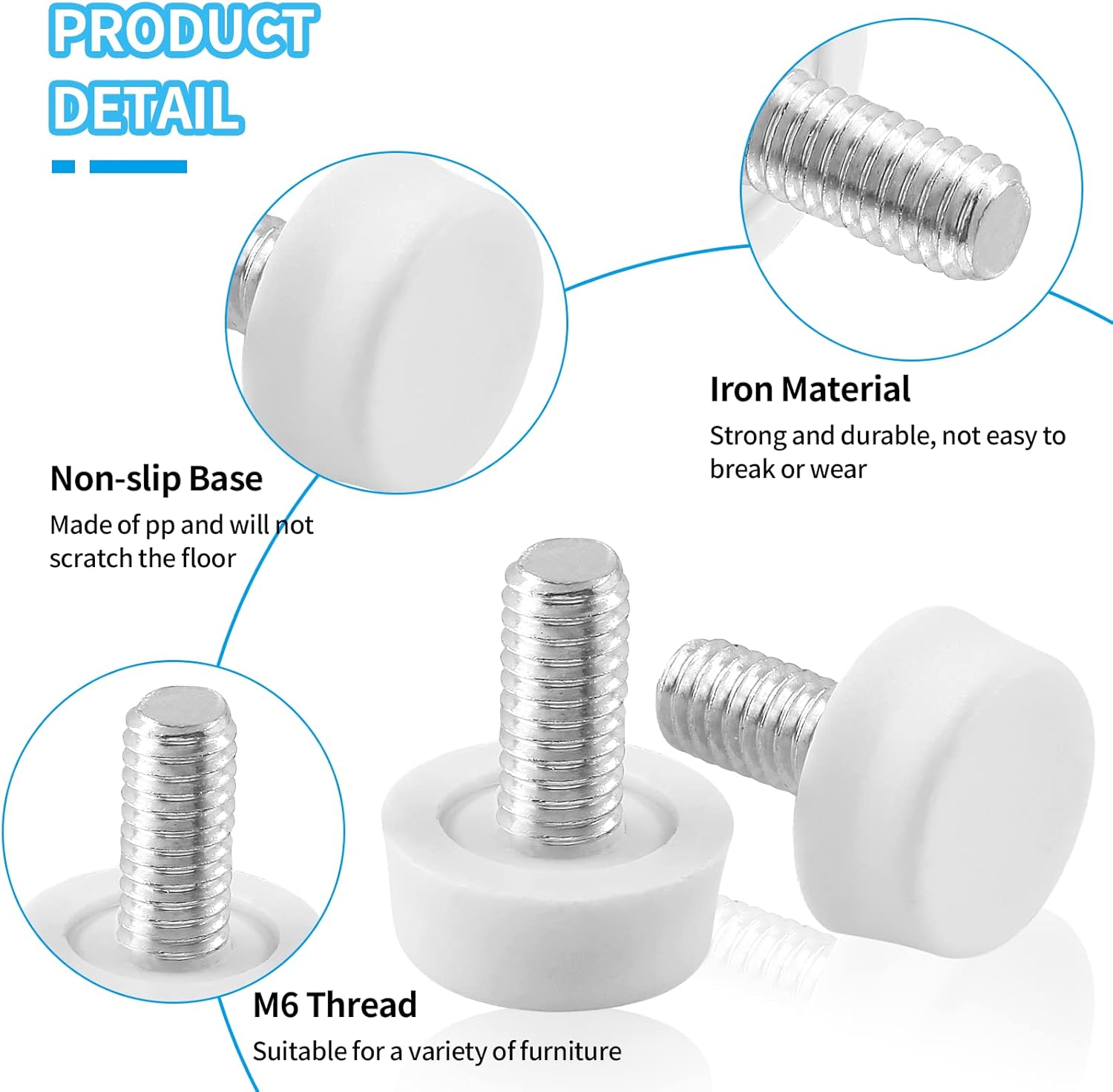 Biaungdo 24 Pcs Adjustable Furniture Levelers, M6x15 mm Ajustable Leveling Feet Screw On Furniture Glide Foot Levelers for Table, Chair, Cabinet, Furniture Legs, White