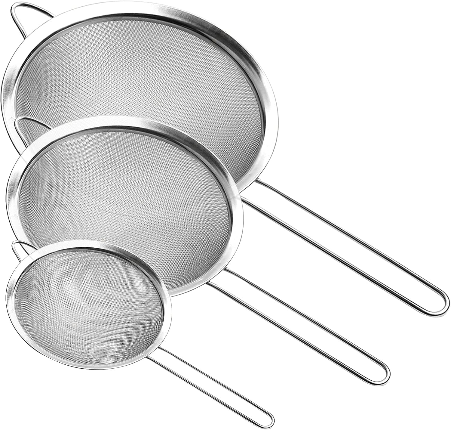 Supercenter Fine Mesh Strainer, Stainless Steel Fine Mesh Sieve, Set of 3 Small Strainers Fine Mesh for Kitchen, Silver Colander Sieve Sifter with Long Handle, 3.4", 5.8", 7.8"