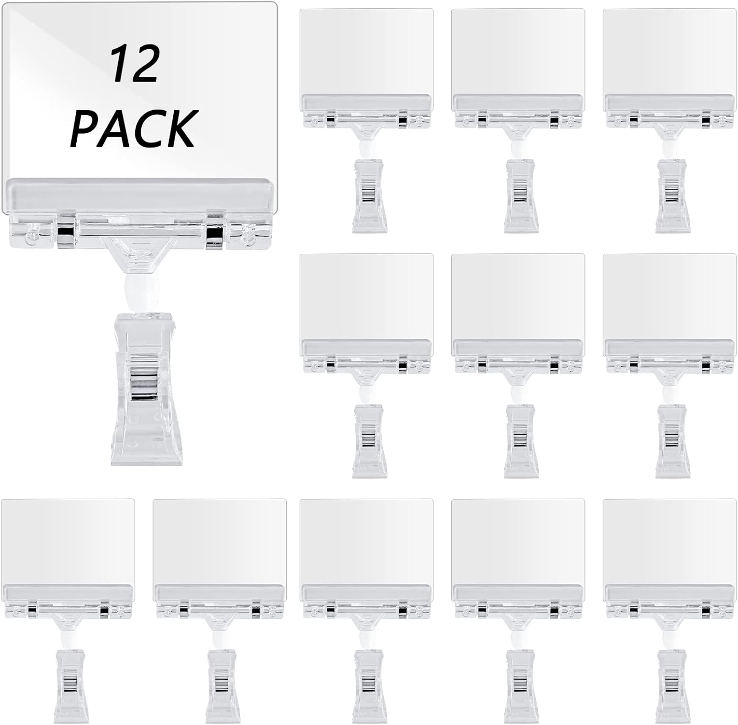 Biaungdo 12 Pcs Rotating Clip Swivel Sign Holder, Clear Rotatable Sign Holder with Double Clip Design, PVC Card Protector for Shelves, Store, Business, Exhibition