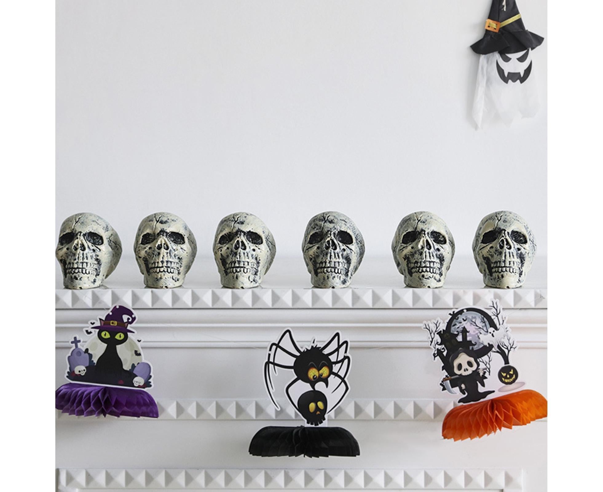 6 Pcs/Set Halloween Skull Ornament Artificial Realistic Increase Atmosphere Durable Clear Texture Skeleton Horror Halloween Skull Statue for Home-White