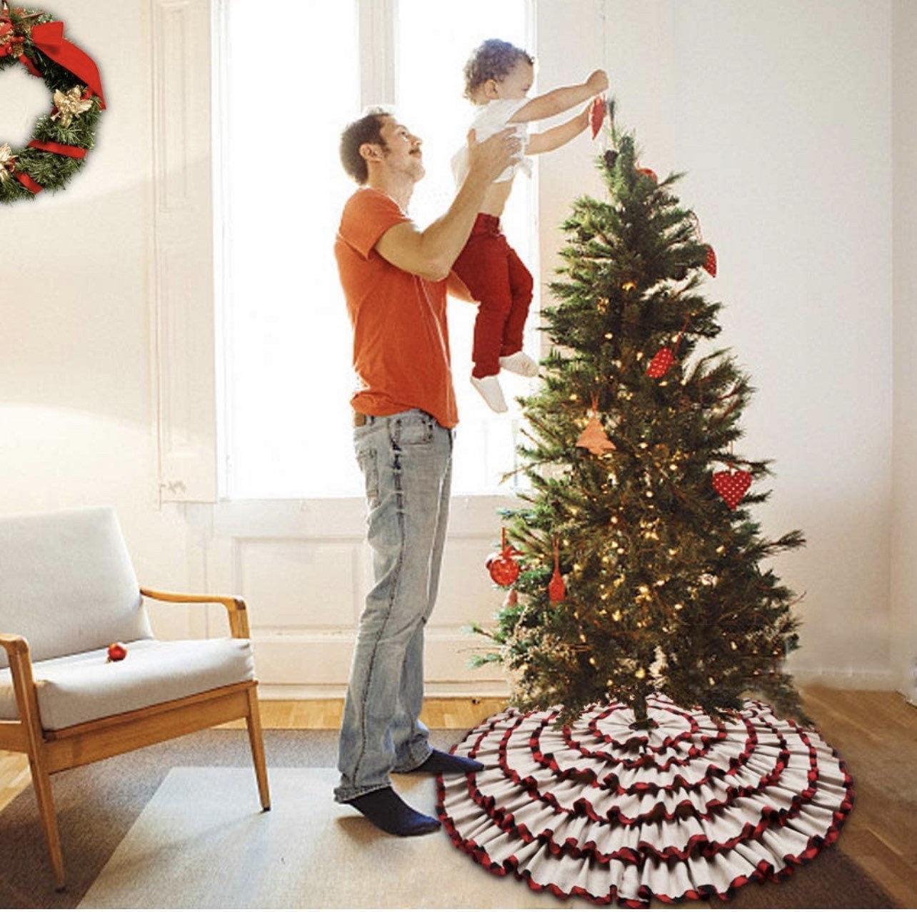 Plaid Christmas Tree Skirt 48 Inch, 6 Layers Red and Black Ruffled Christmas Tree Skirt
